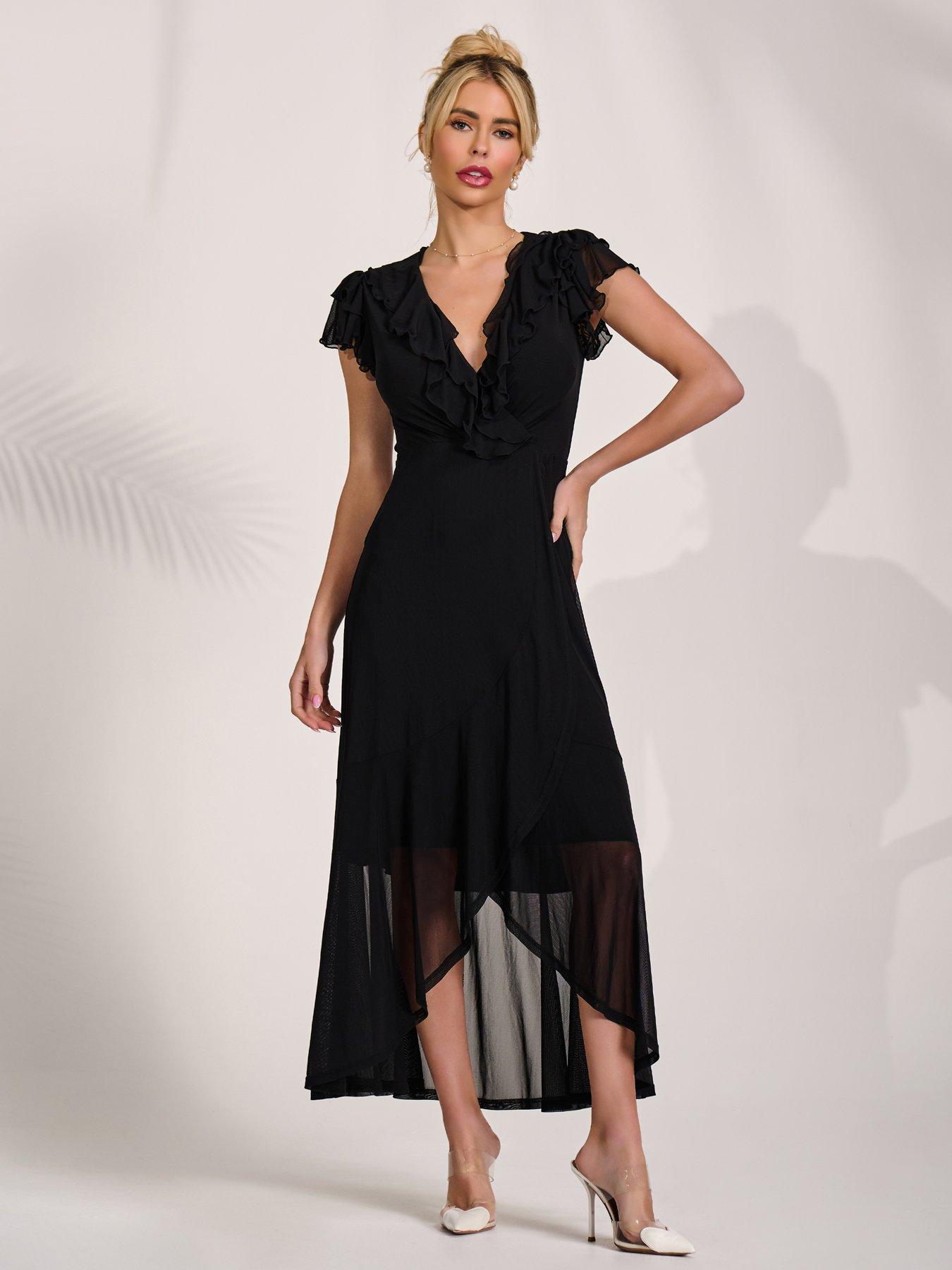 Image 1 of 7 of Jolie Moi Ruffled Mesh Maxi Dress - Black