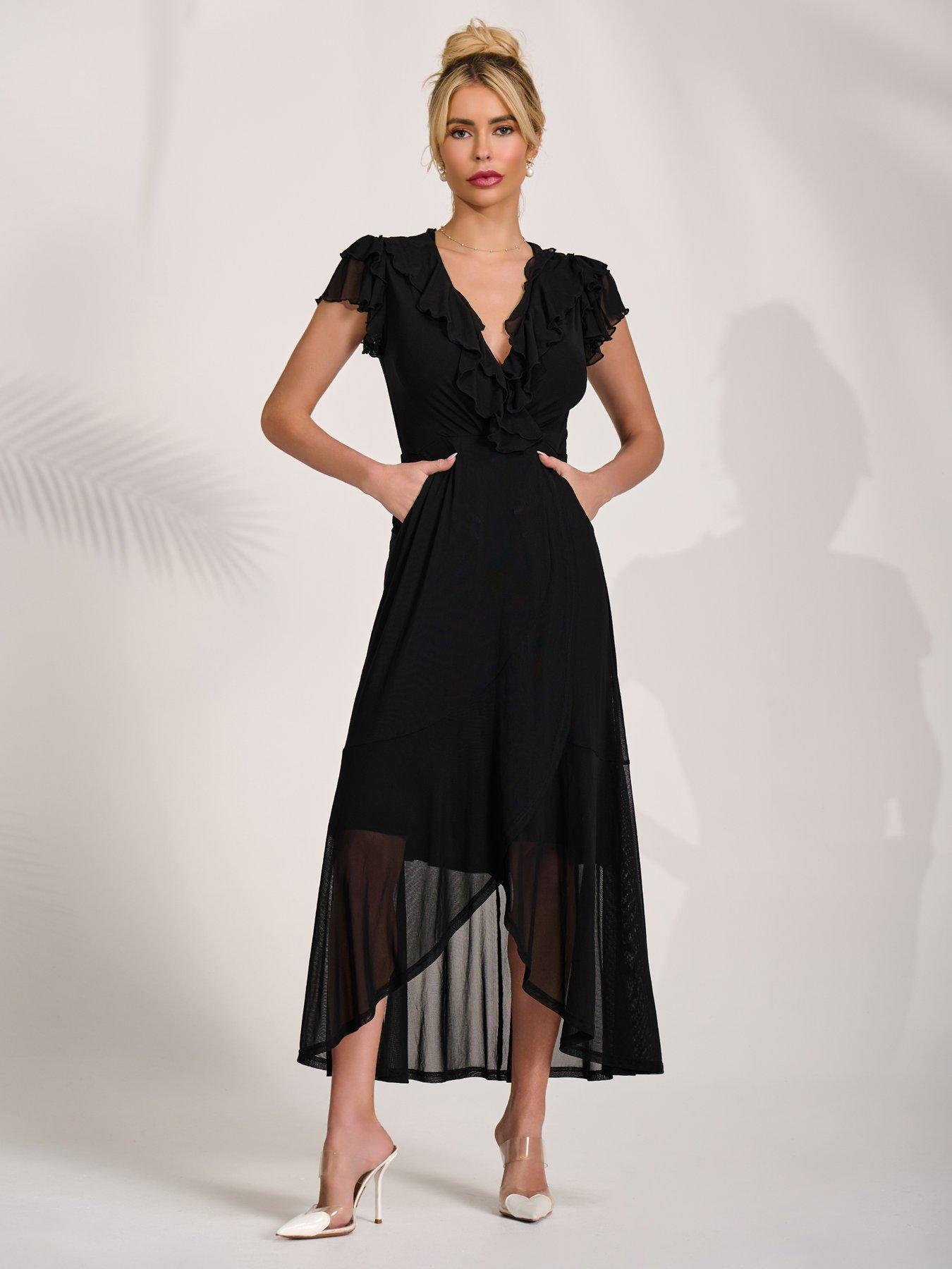 Image 3 of 7 of Jolie Moi Ruffled Mesh Maxi Dress - Black