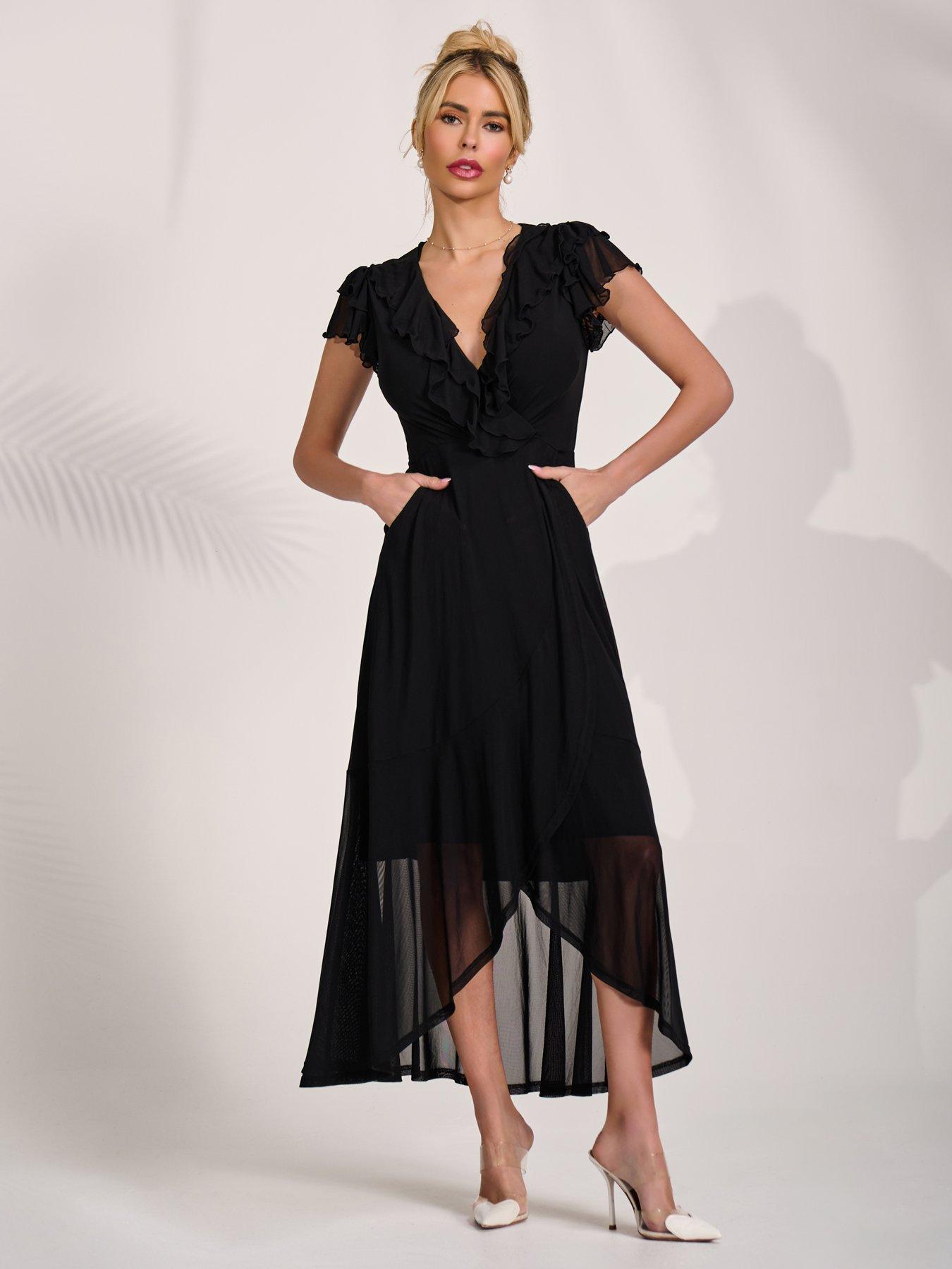 Image 6 of 7 of Jolie Moi Ruffled Mesh Maxi Dress - Black