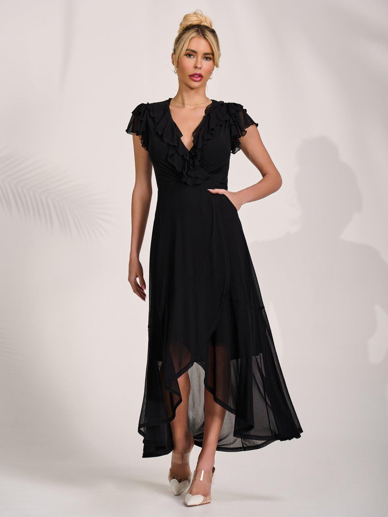 Image 7 of 7 of Jolie Moi Ruffled Mesh Maxi Dress - Black