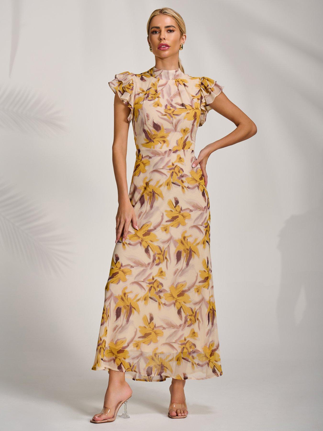 Jolie Moi High Neck Ruffle Sleeve Chiffon Maxi Dress - Yellow