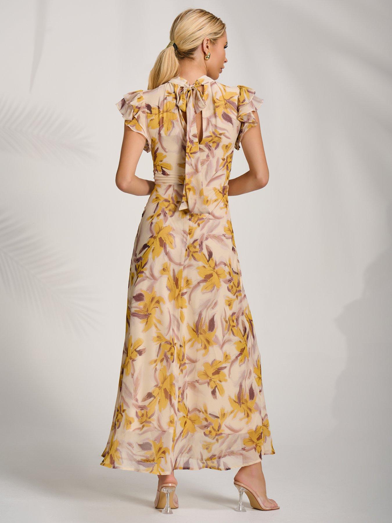 Image 2 of 7 of Jolie Moi High Neck Ruffle Sleeve Chiffon Maxi Dress - Yellow