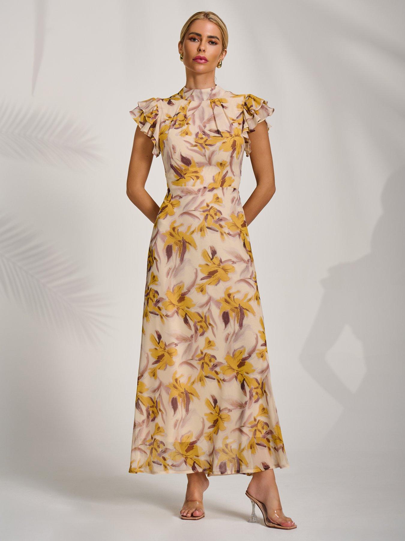 Image 3 of 7 of Jolie Moi High Neck Ruffle Sleeve Chiffon Maxi Dress - Yellow