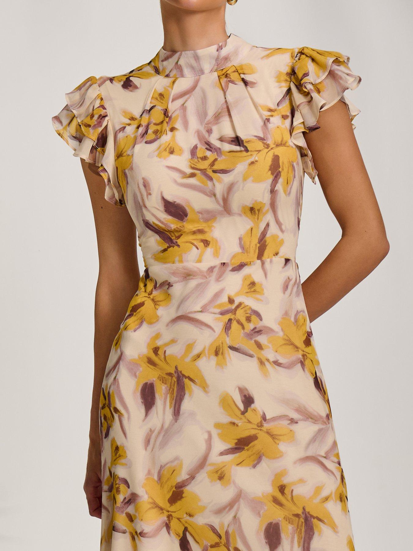 Image 4 of 7 of Jolie Moi High Neck Ruffle Sleeve Chiffon Maxi Dress - Yellow