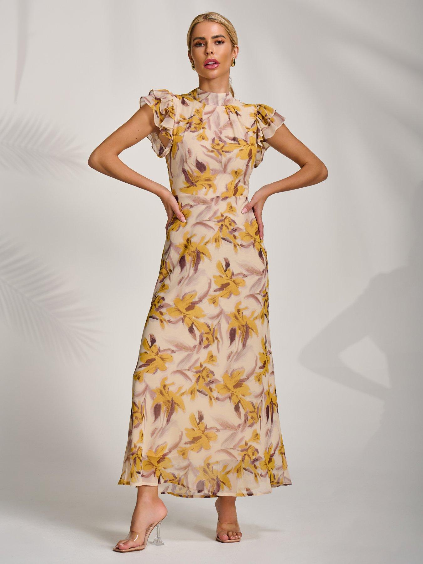 Image 5 of 7 of Jolie Moi High Neck Ruffle Sleeve Chiffon Maxi Dress - Yellow
