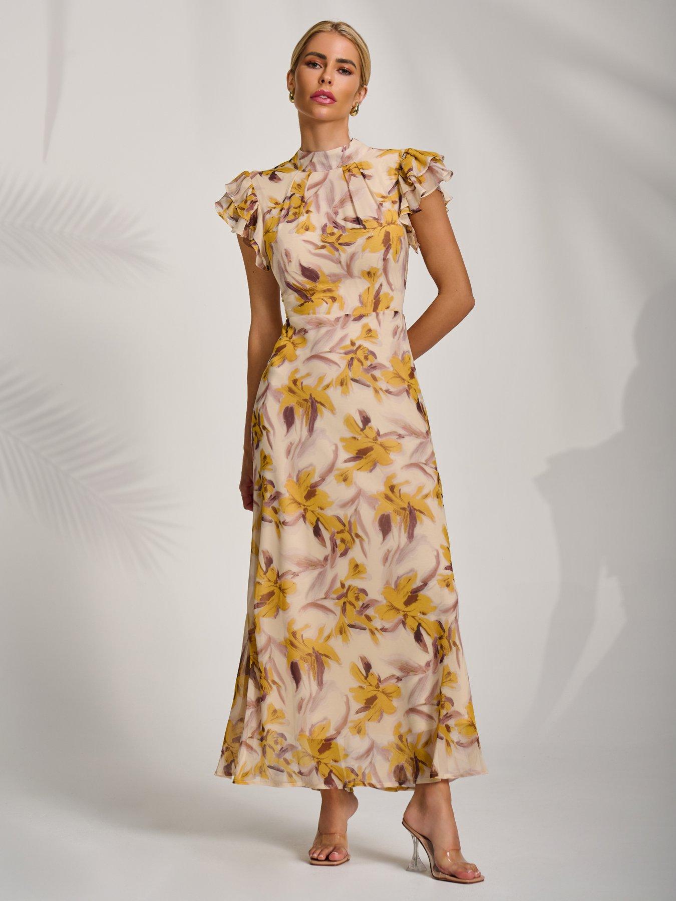 Image 6 of 7 of Jolie Moi High Neck Ruffle Sleeve Chiffon Maxi Dress - Yellow