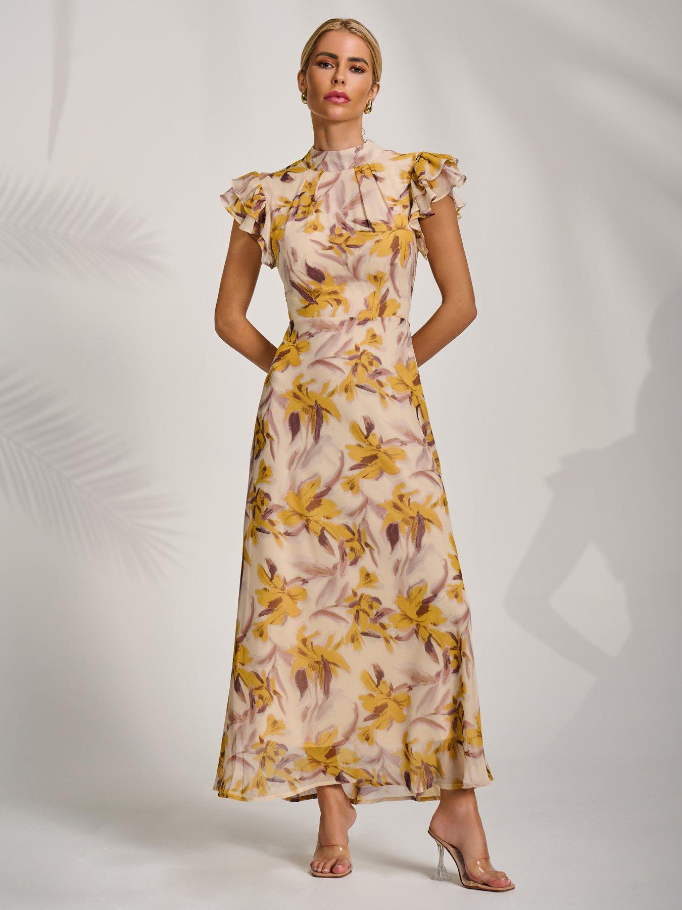Image 7 of 7 of Jolie Moi High Neck Ruffle Sleeve Chiffon Maxi Dress - Yellow