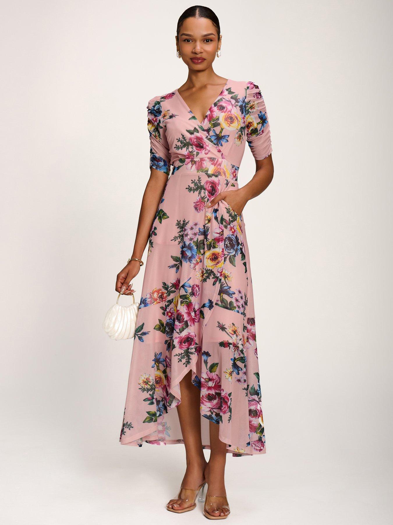 Jolie Moi Ruched Sleeve Mesh Maxi Dress - Pink Floral