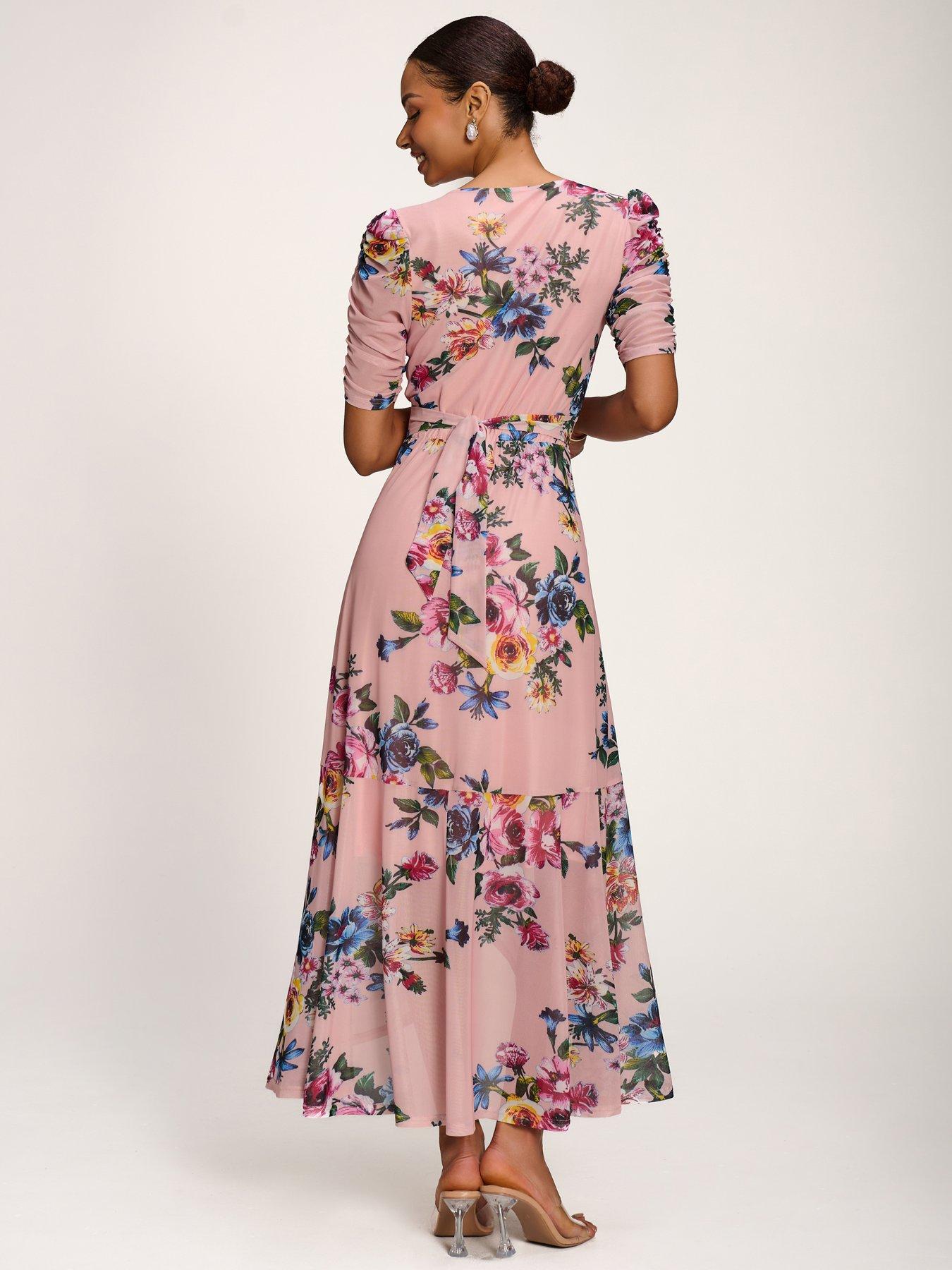 Image 2 of 7 of Jolie Moi Ruched Sleeve Mesh Maxi Dress - Pink Floral
