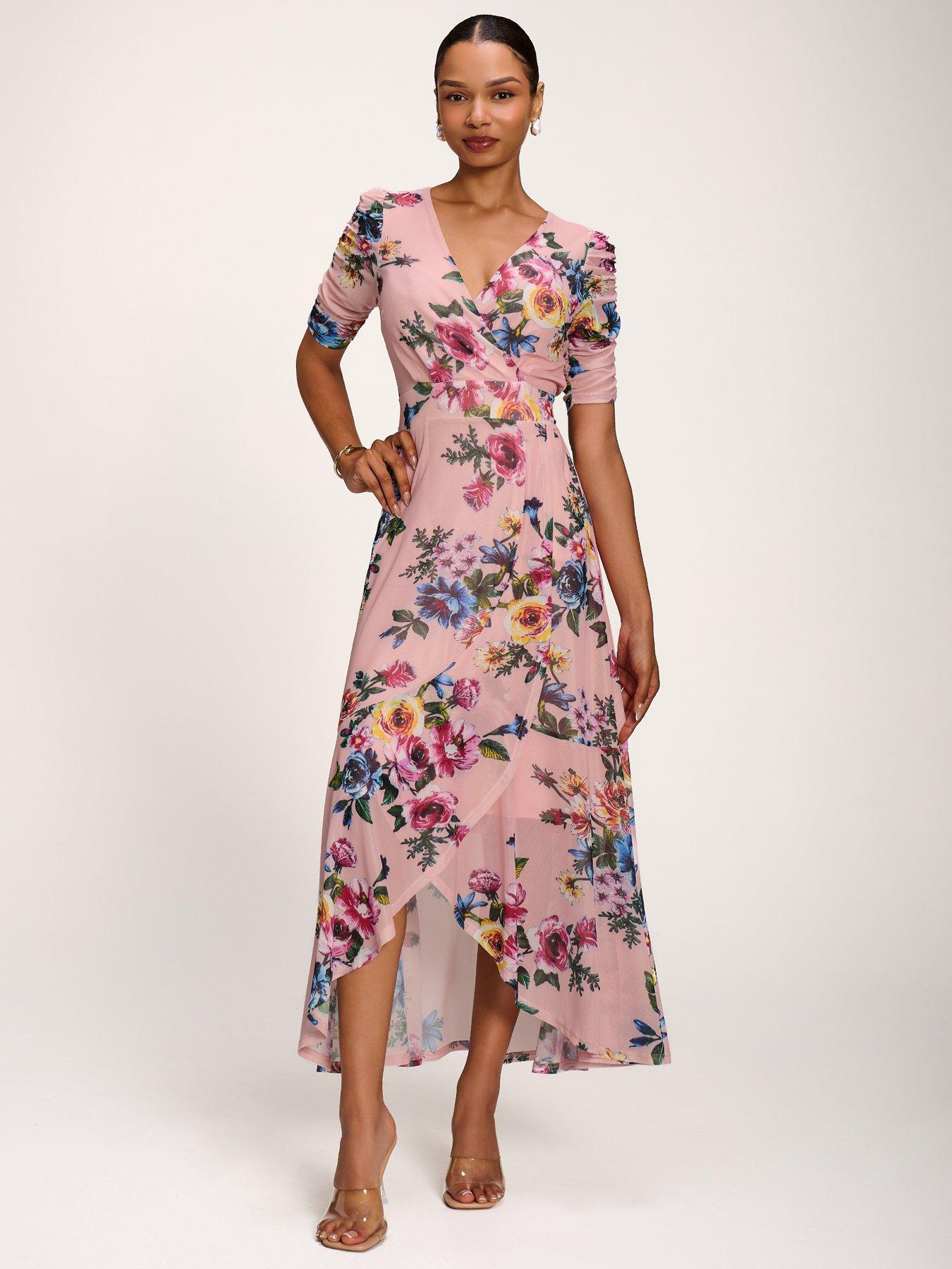 Image 3 of 7 of Jolie Moi Ruched Sleeve Mesh Maxi Dress - Pink Floral