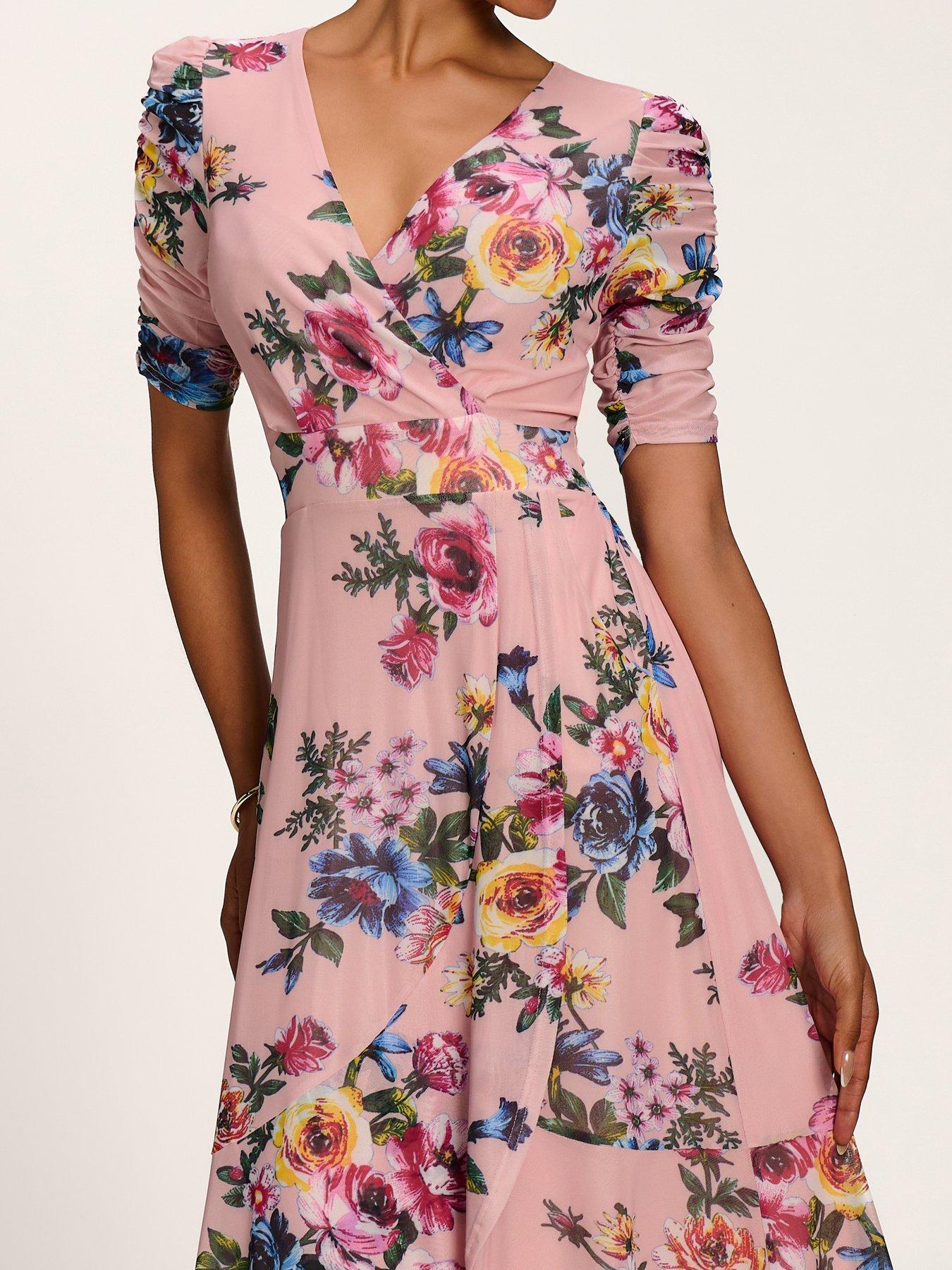 Image 4 of 7 of Jolie Moi Ruched Sleeve Mesh Maxi Dress - Pink Floral