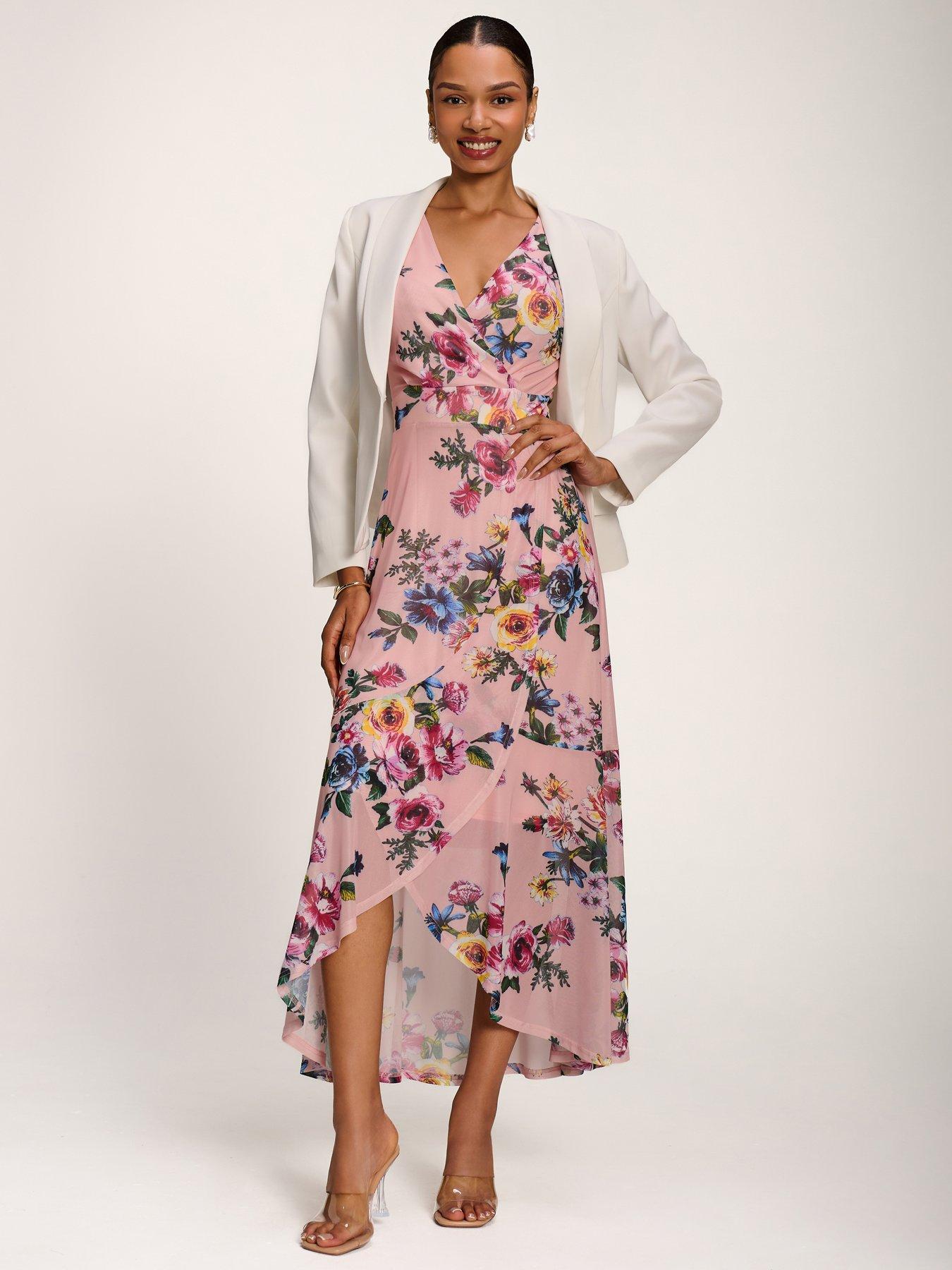 Image 5 of 7 of Jolie Moi Ruched Sleeve Mesh Maxi Dress - Pink Floral