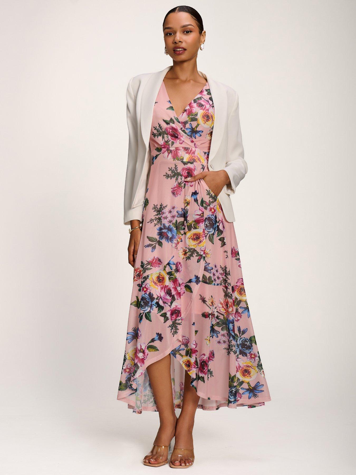 Image 6 of 7 of Jolie Moi Ruched Sleeve Mesh Maxi Dress - Pink Floral