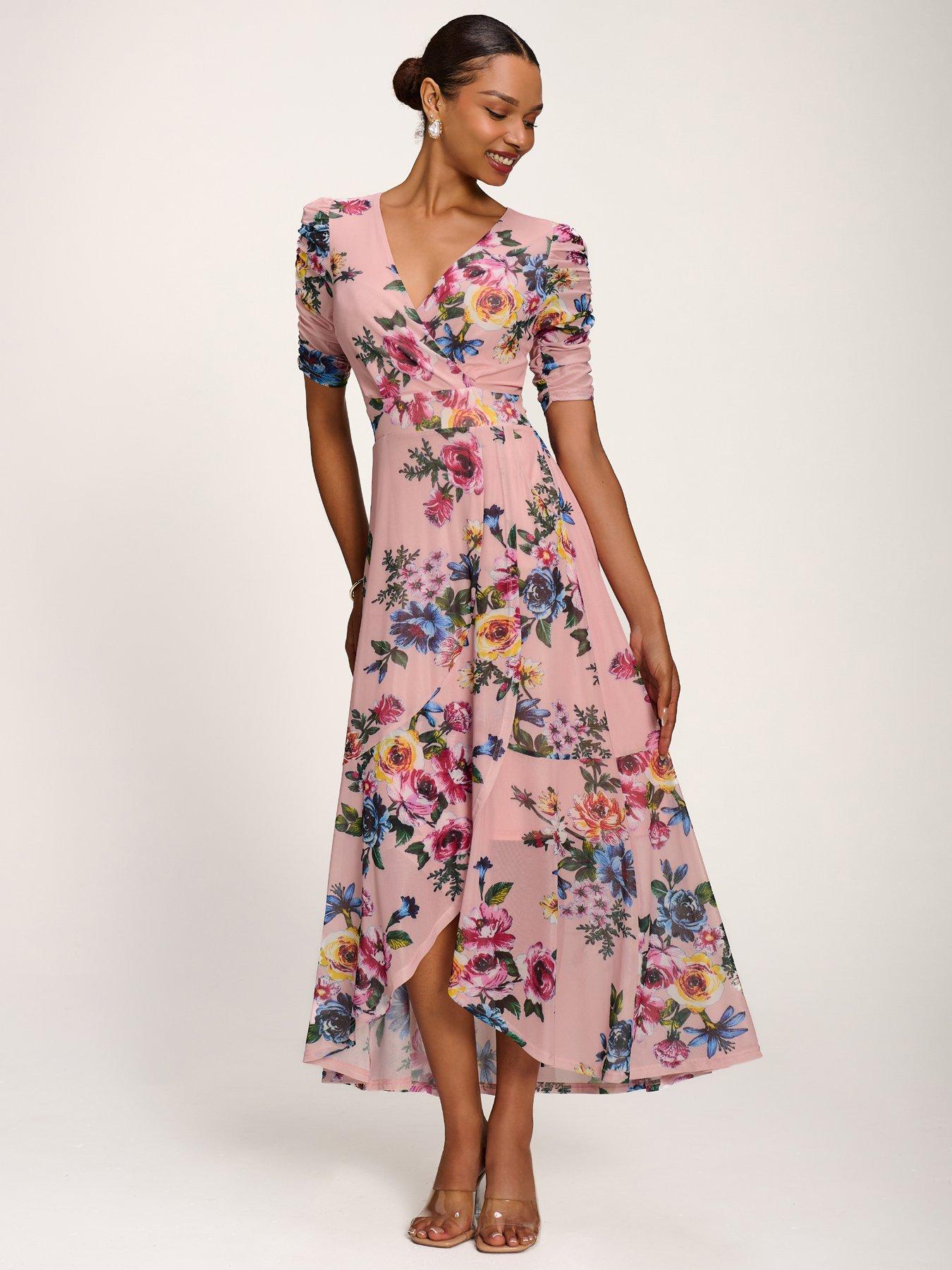Image 7 of 7 of Jolie Moi Ruched Sleeve Mesh Maxi Dress - Pink Floral