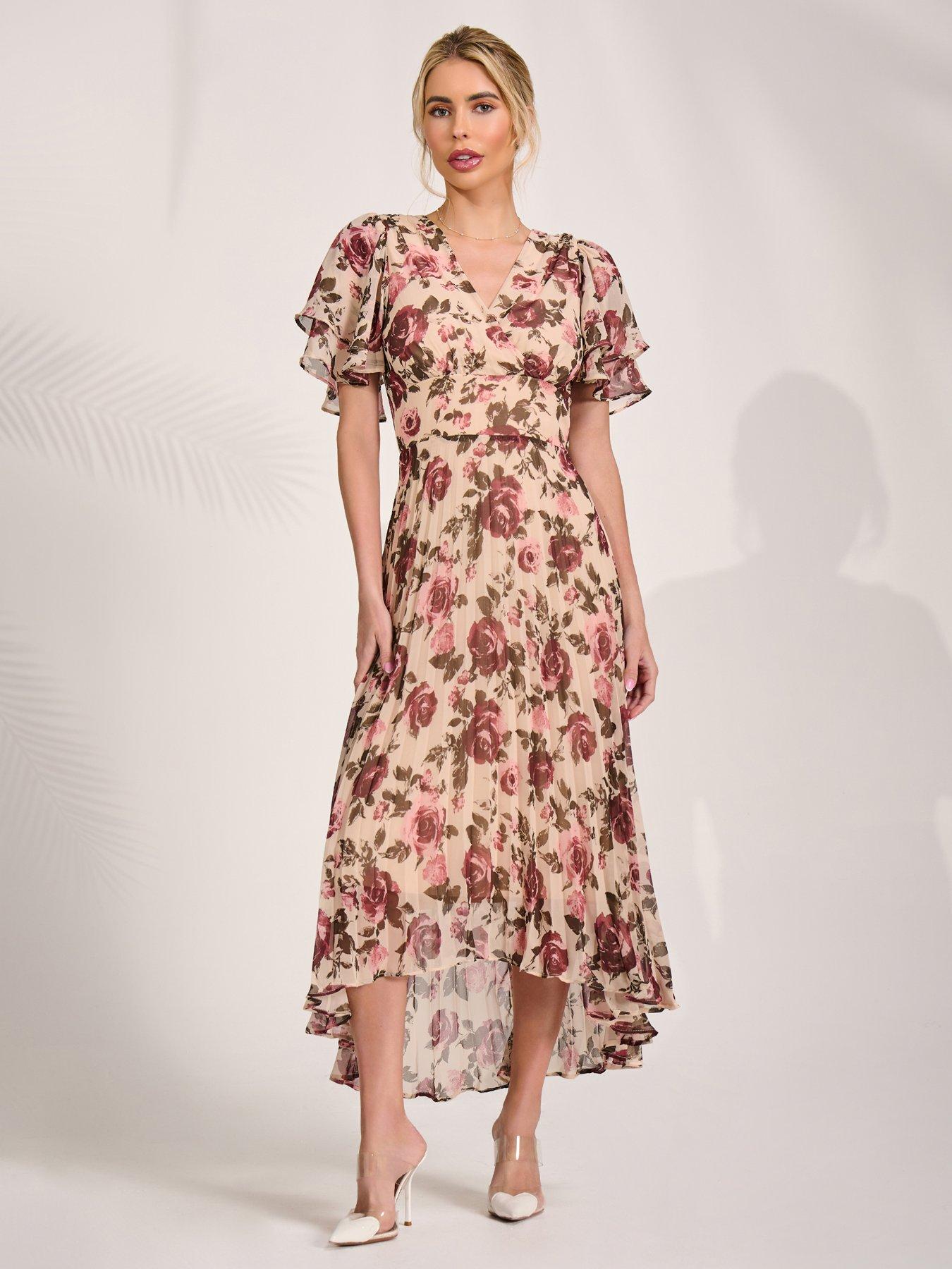 Jolie Moi Angel Sleeve Pleated Chiffon Midaxi Dress - Cream