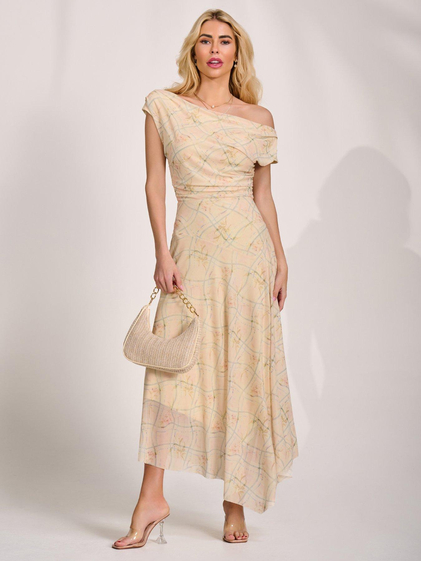 Jolie Moi Asymmetric Draped Mesh Maxi Dress - Yellow