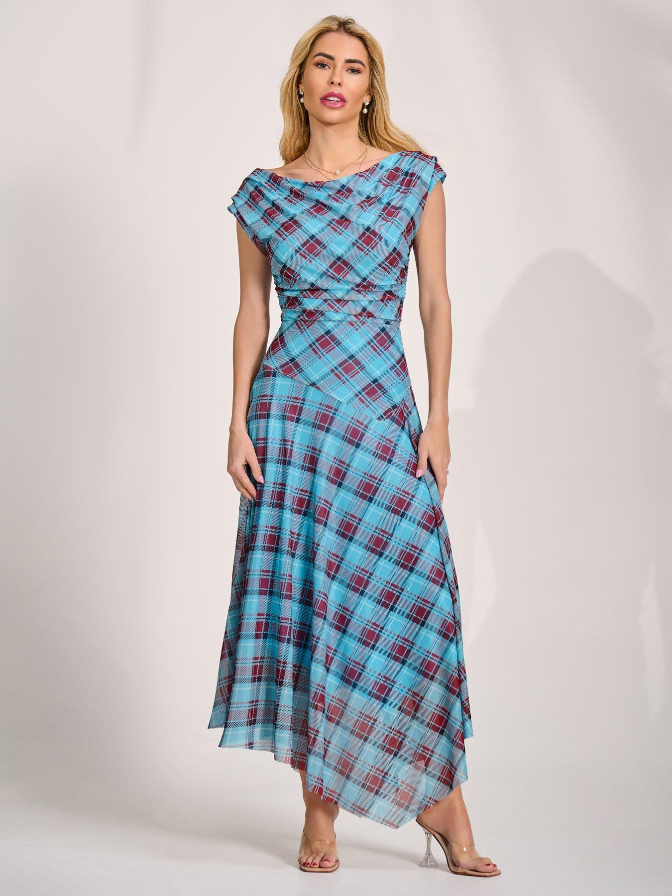 Jolie Moi Asymmetric Draped Mesh Maxi Dress - Blue Check