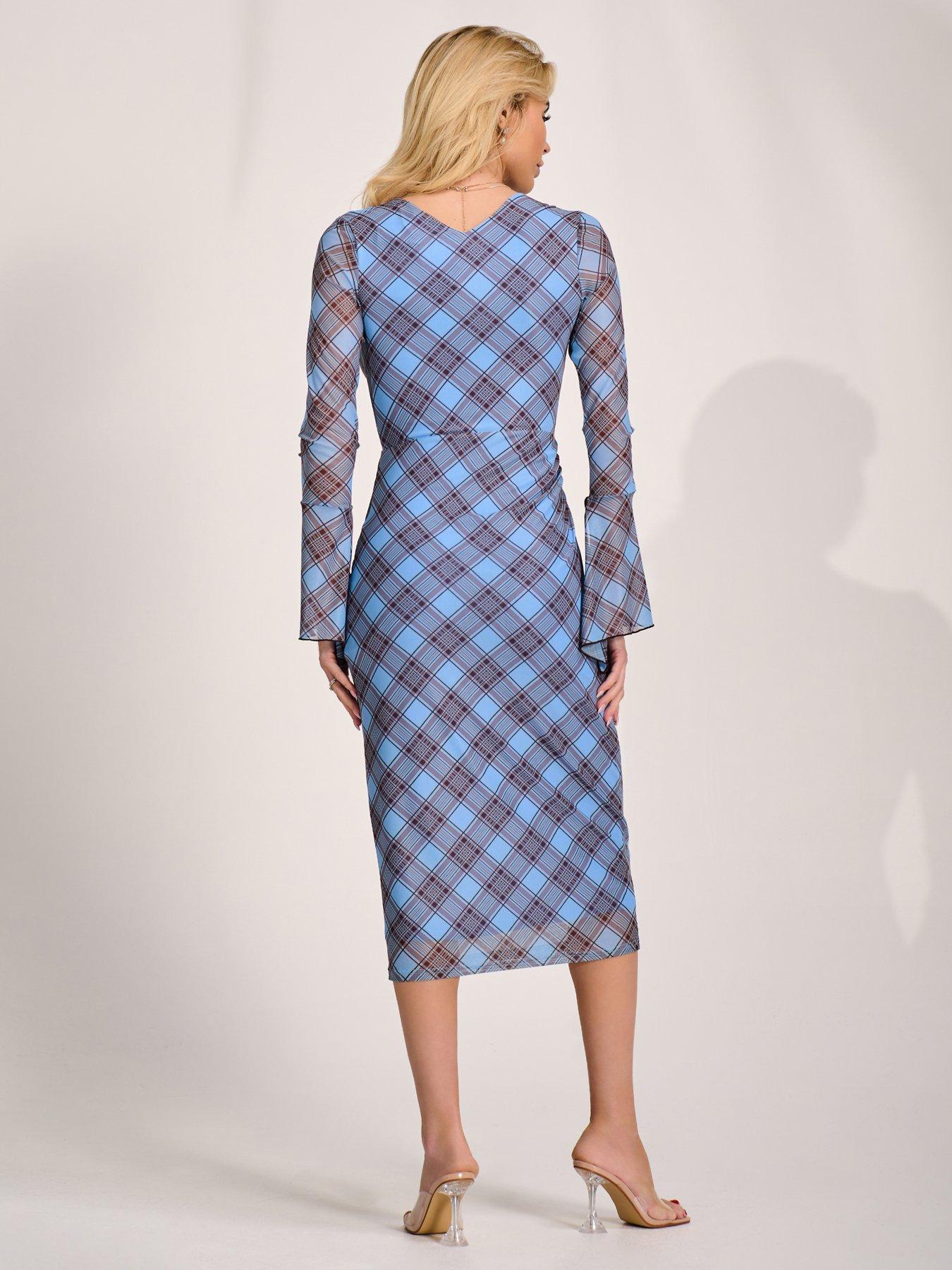 Image 2 of 7 of Jolie Moi Long Sleeve Mesh Bodycon Dress - Blue Check