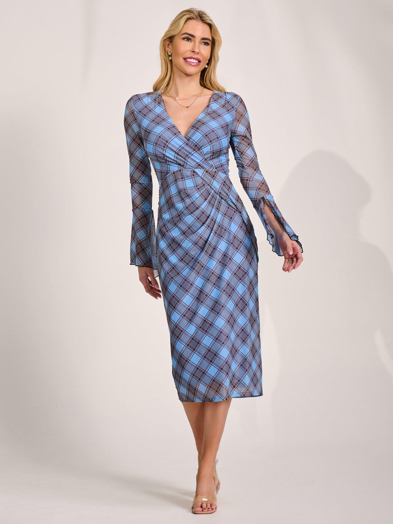 Image 5 of 7 of Jolie Moi Long Sleeve Mesh Bodycon Dress - Blue Check