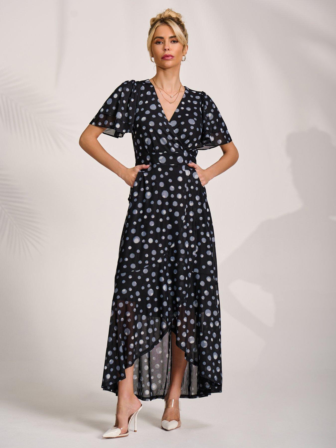 Jolie Moi Angel Sleeve Mesh Frill Wrap Maxi Dress - Black