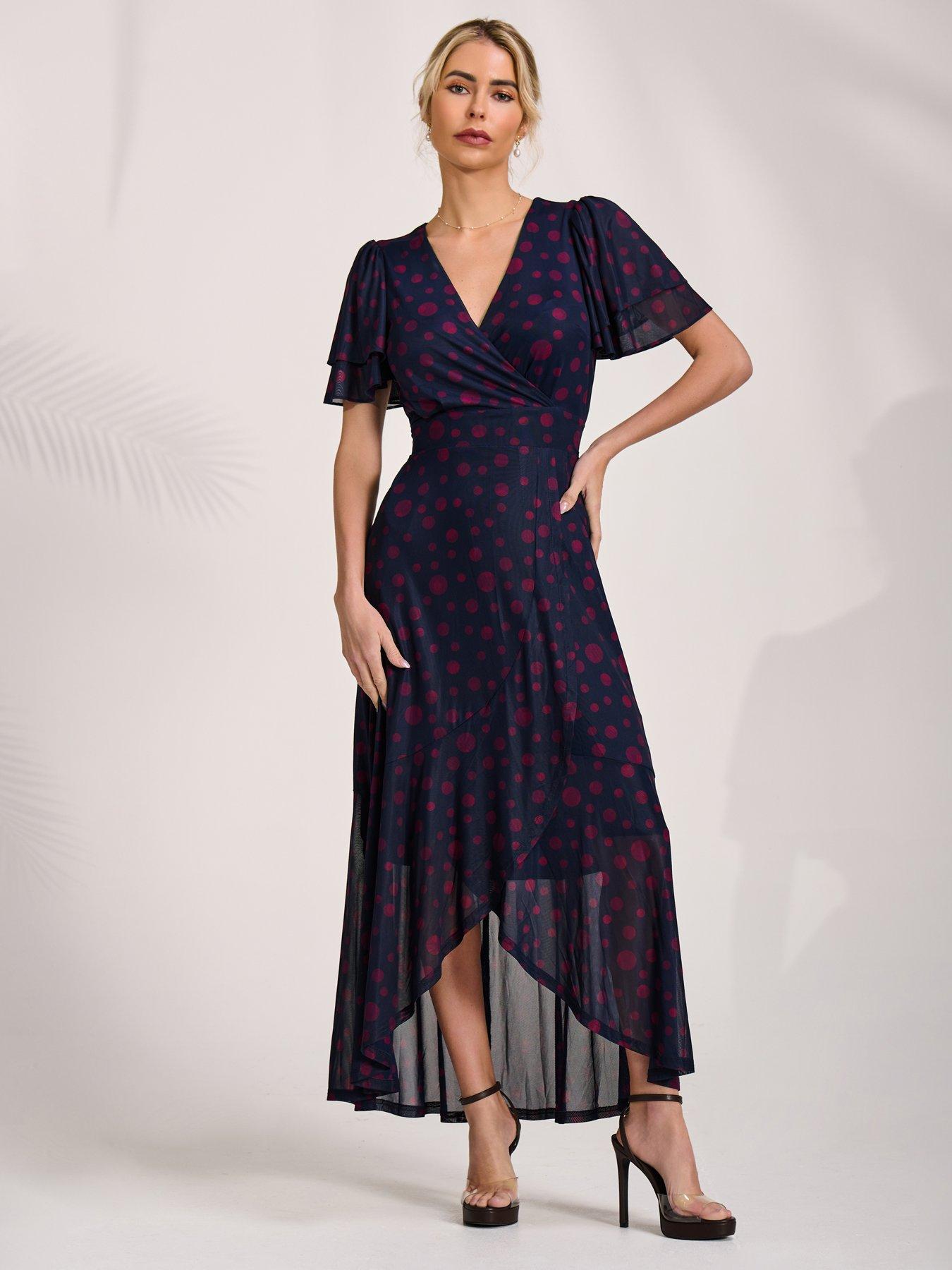 Jolie Moi Angel Sleeve Mesh Frill Wrap Maxi Dress - Navy