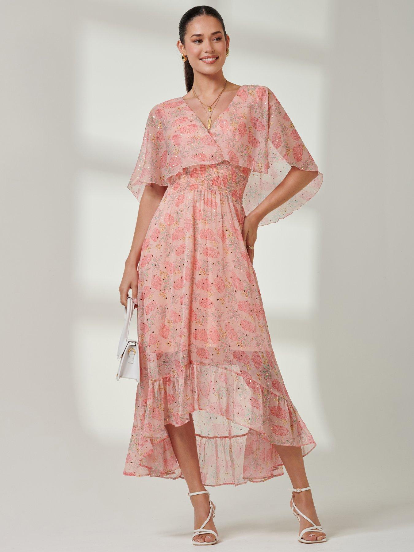 Image 1 of 7 of Jolie Moi Frill V Neck Chiffon Maxi Dress - Orange Multi
