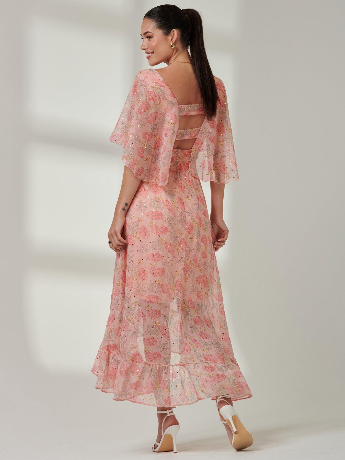 Image 2 of 7 of Jolie Moi Frill V Neck Chiffon Maxi Dress - Orange Multi