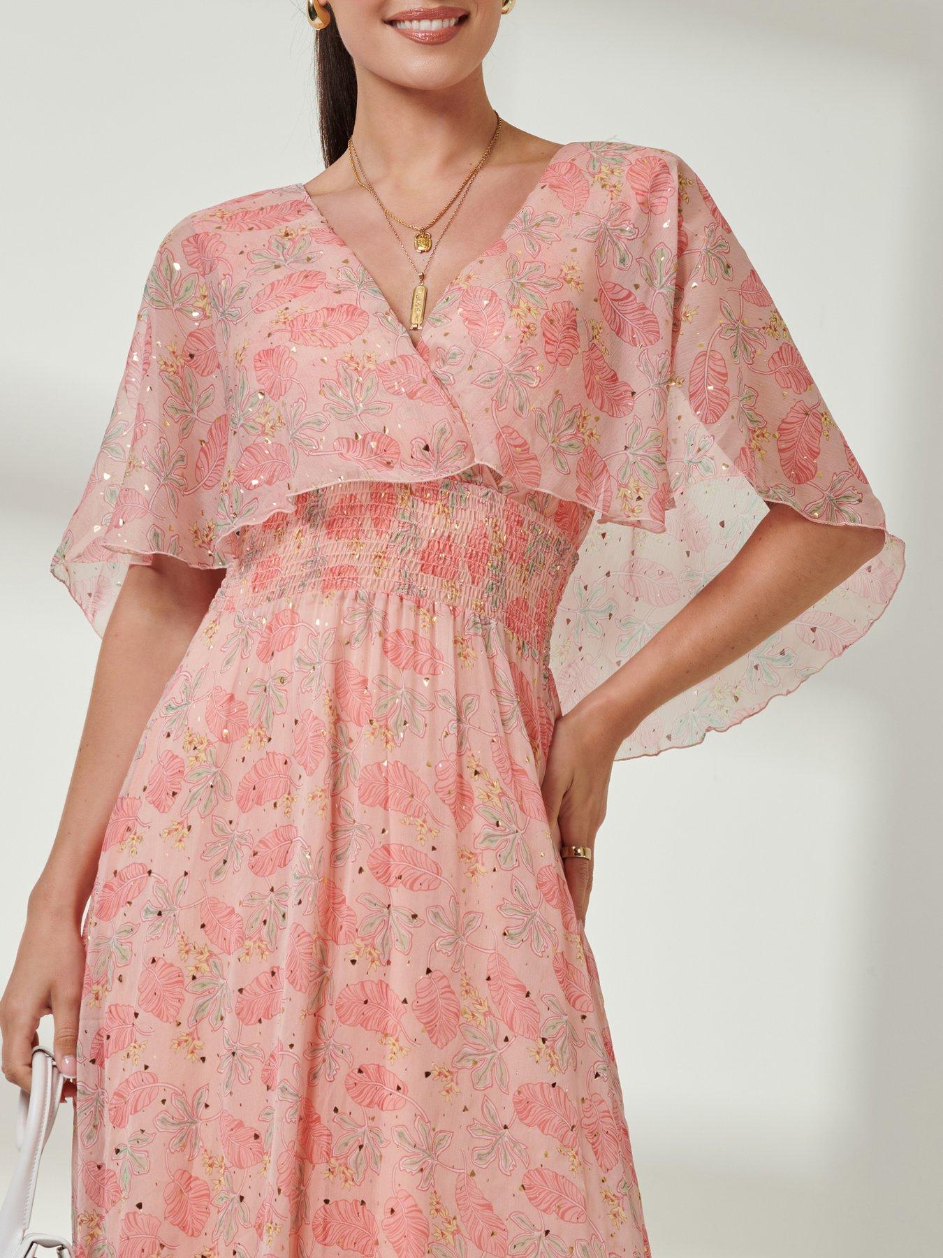 Image 4 of 7 of Jolie Moi Frill V Neck Chiffon Maxi Dress - Orange Multi