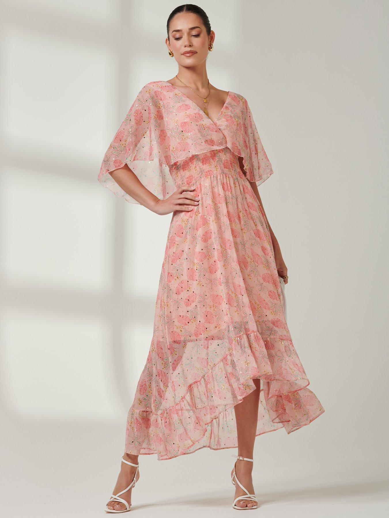 Image 5 of 7 of Jolie Moi Frill V Neck Chiffon Maxi Dress - Orange Multi