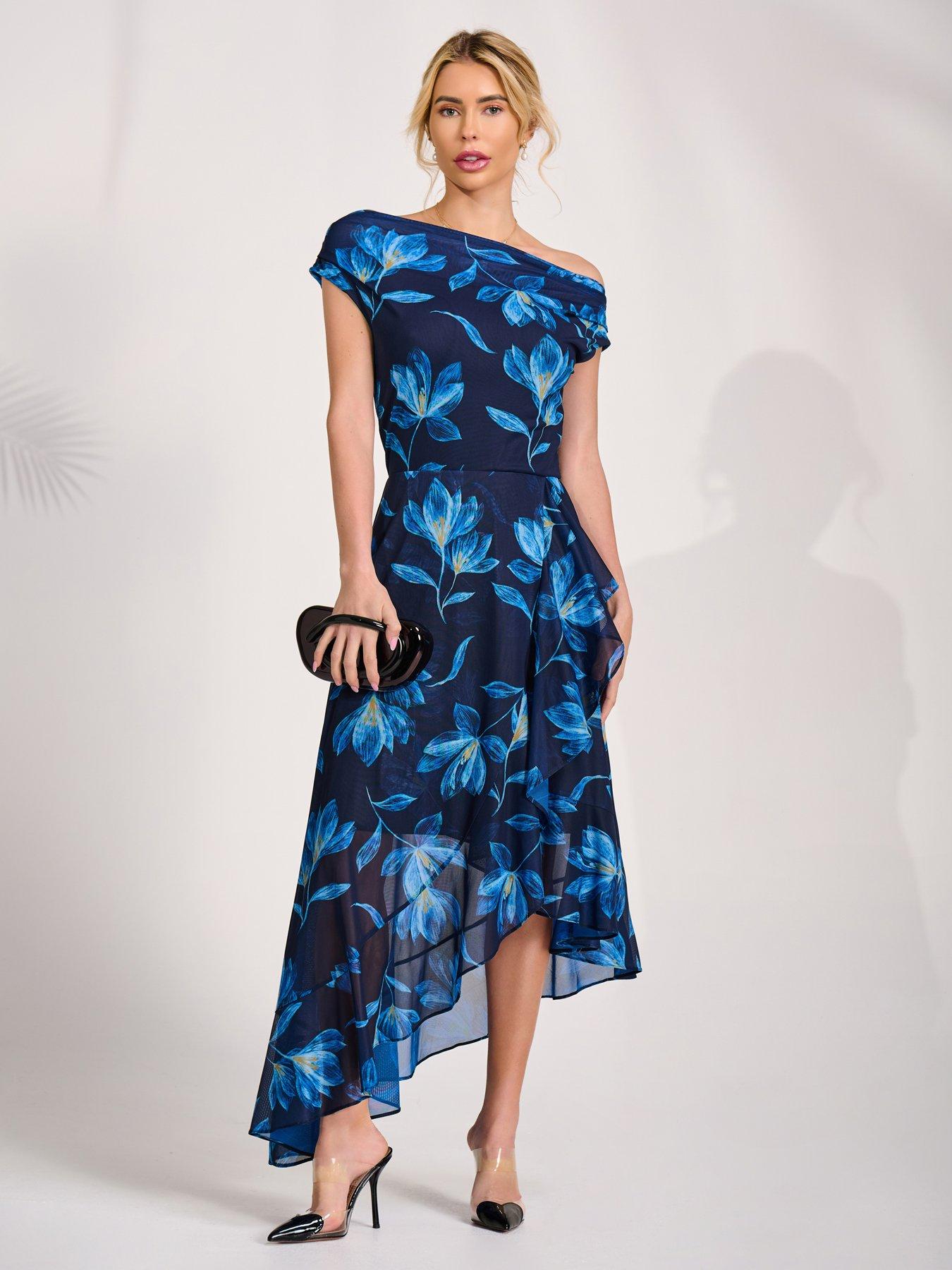 Jolie Moi Asymmetrical Draped Mesh Midaxi Dress - Blue