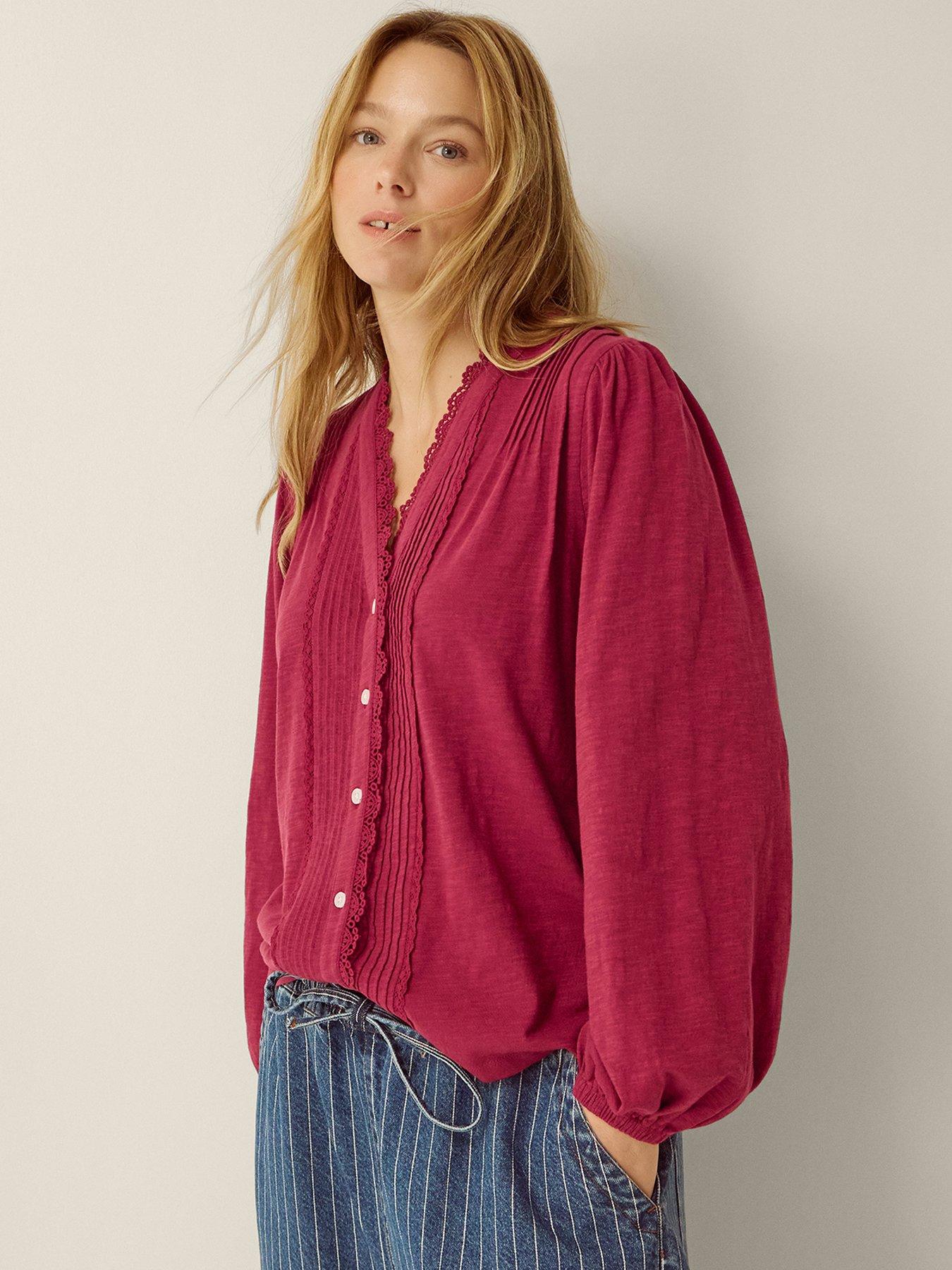 Monsoon Jenny Pintuck Lace Jersey Blouse - Red