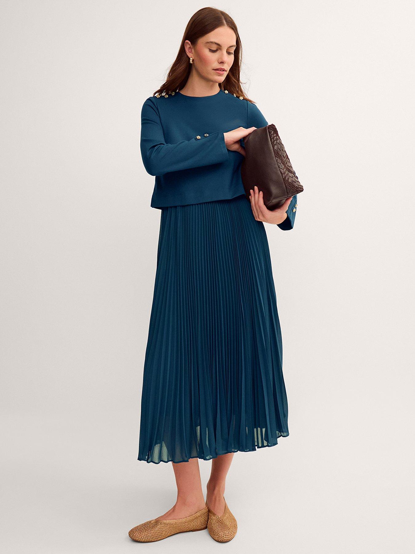 Monsoon Penny Long Sleeve Pleated Midi Dress - Blue