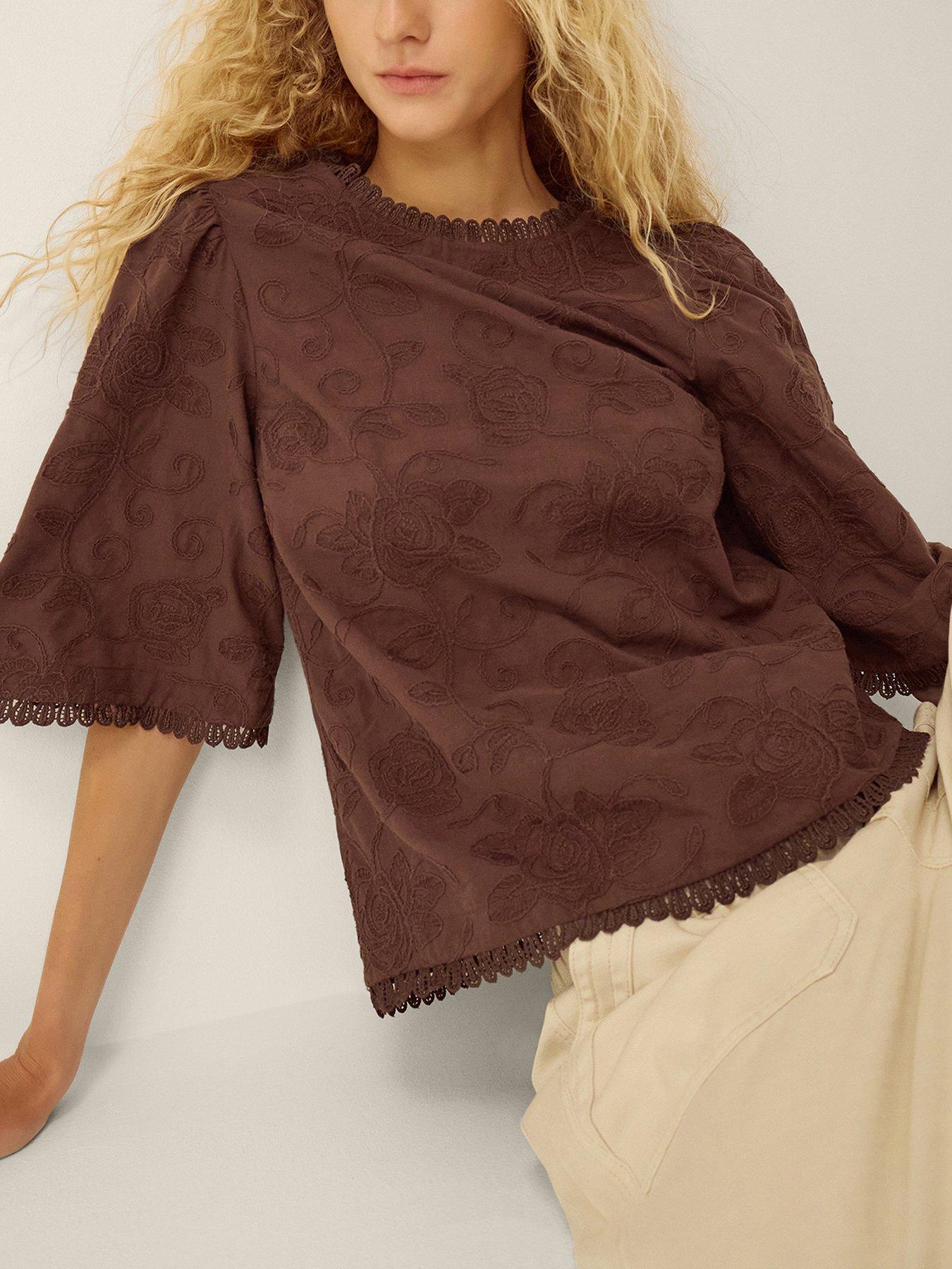Monsoon Sabine Floral Embroidered Top - Brown