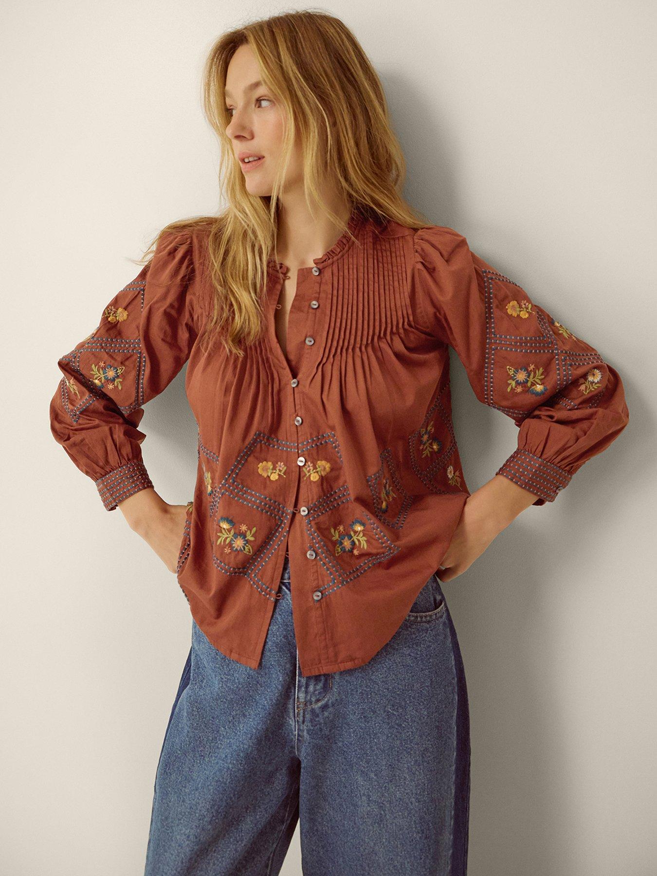 Monsoon Sadie Embroidered Pintuck Blouse - Orange
