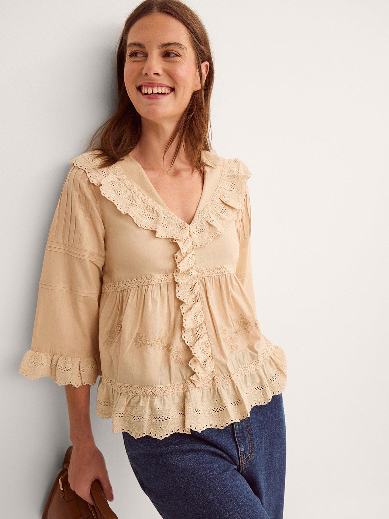 Image 1 of 5 of Monsoon Petra Embroidered Ruffle Blouse - Brown