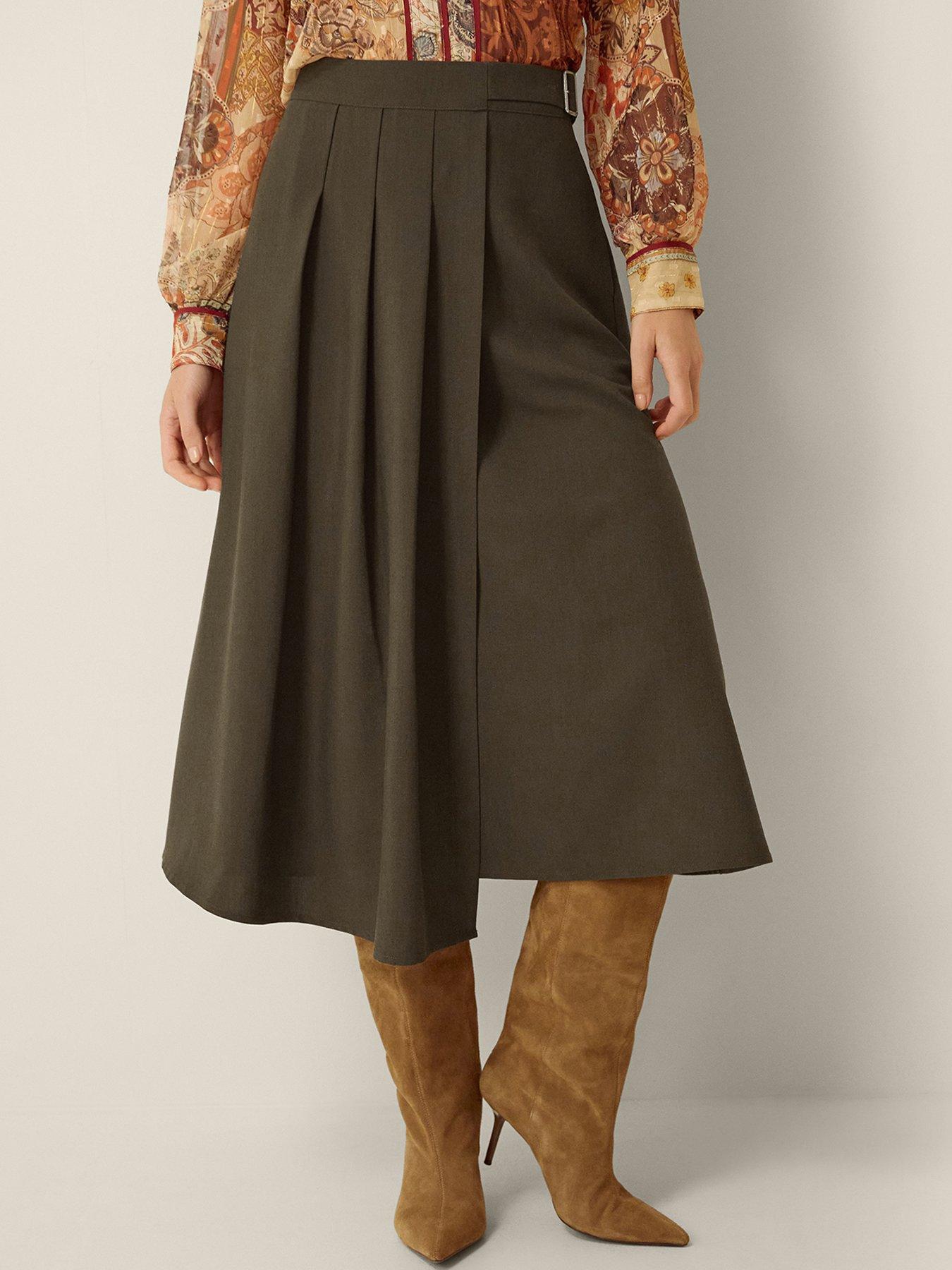 Monsoon Jillian Pleated Kilt Midi Skirt - Green