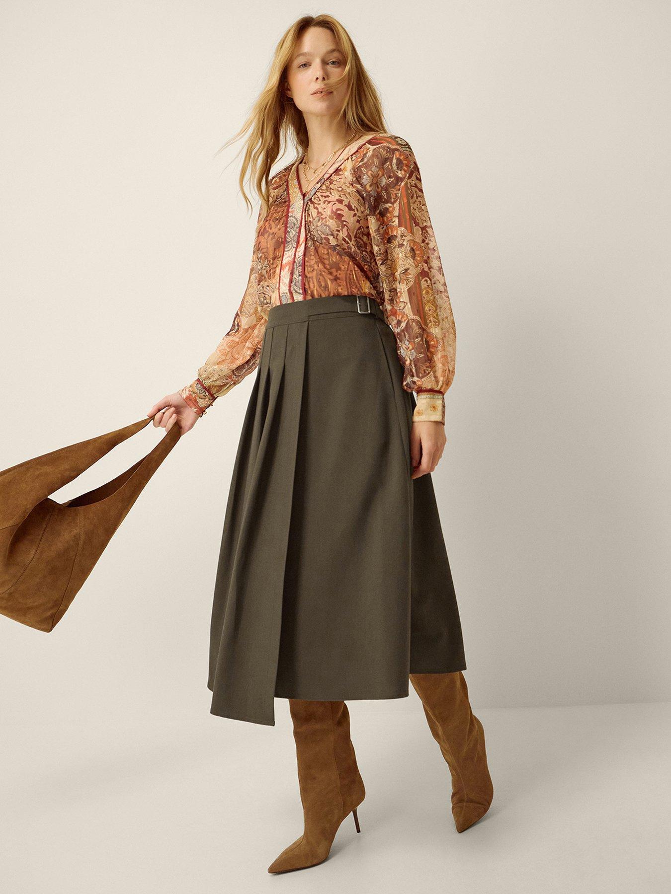 Image 3 of 4 of Monsoon Jillian Pleated Kilt Midi Skirt - Green