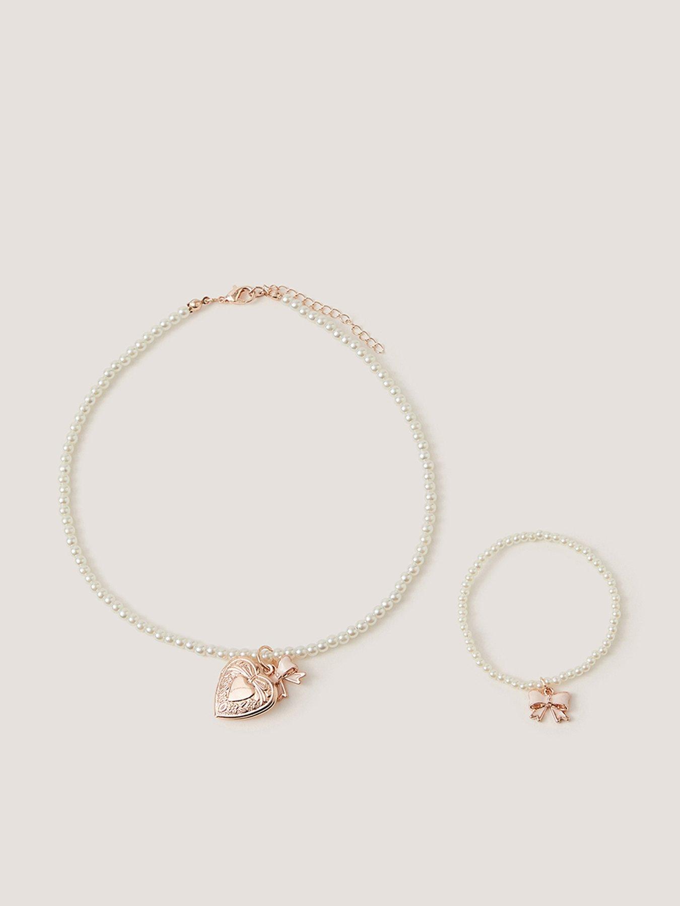 Monsoon Girls Pearl Bow Locket And Bracelet Set - Rose Gold