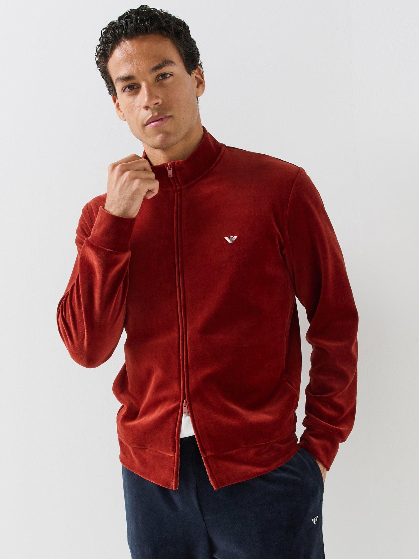 Image 1 of 6 of Emporio Armani Bodywear Mens Chenille Full Zip Lounge Sweatshirt - Dark Red