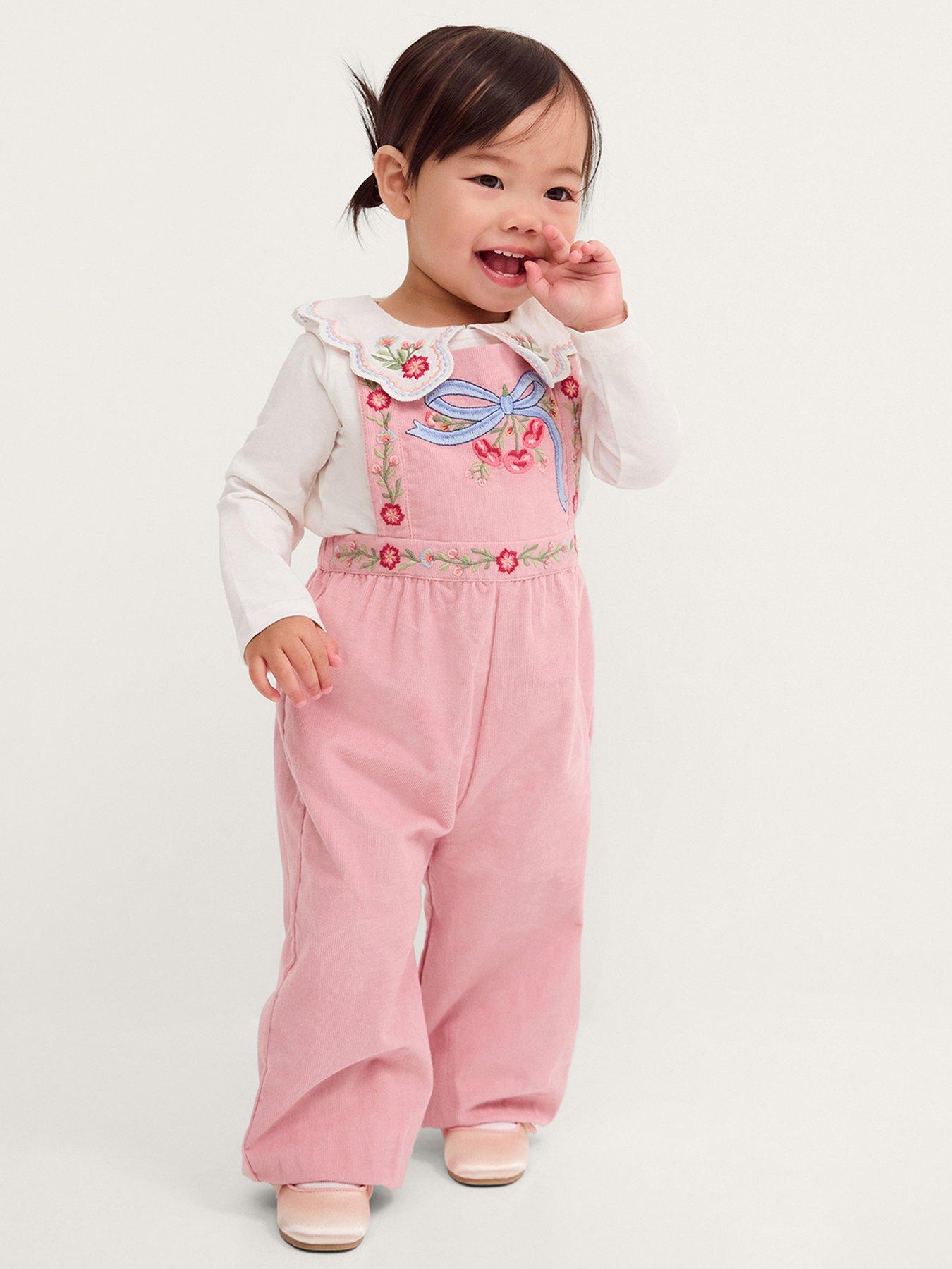 Monsoon Baby Girls Mon Cheri Embroidered Dungarees - Pink