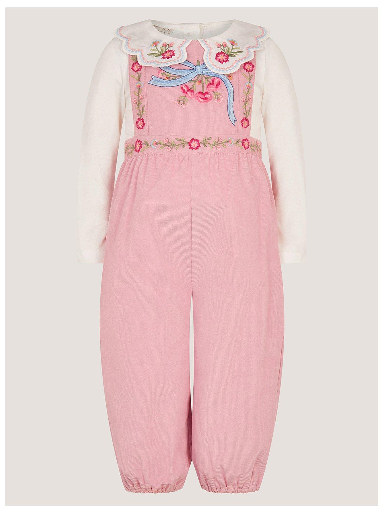 Image 2 of 4 of Monsoon Baby Girls Mon Cheri Embroidered Dungarees - Pink