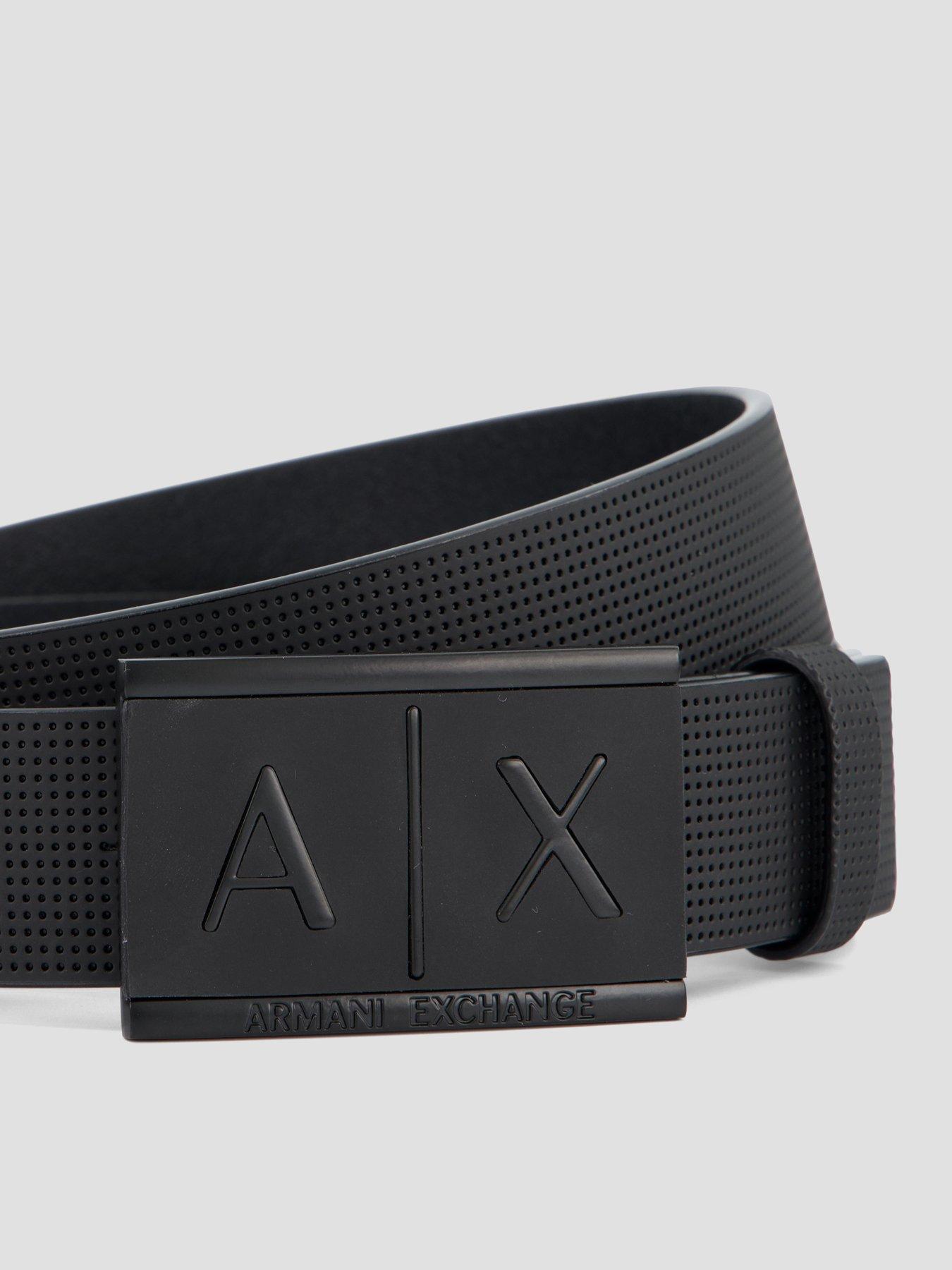 Image 2 of 5 of Armani Exchange Textured Leather Embossed Logo Buckle Belt - Black