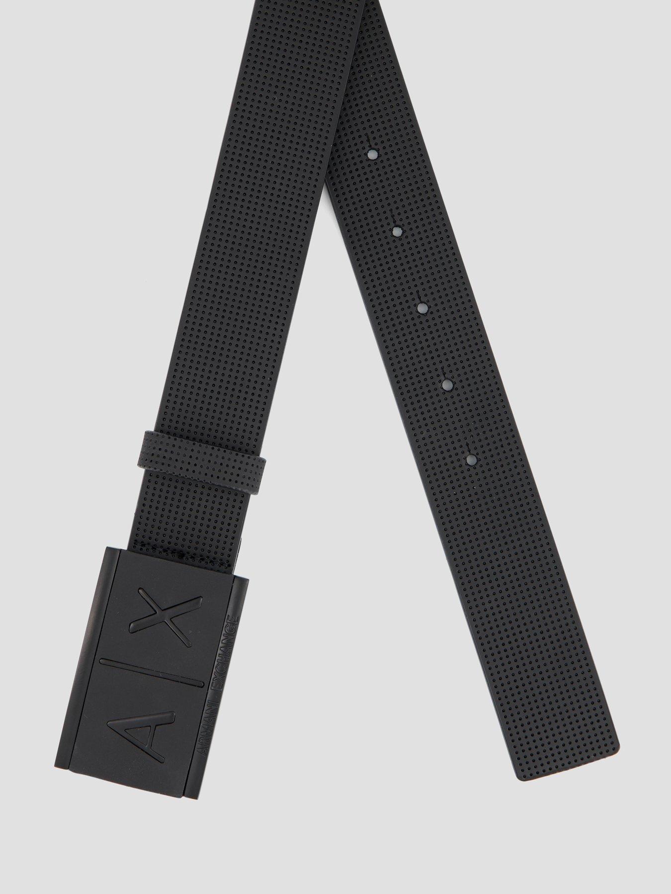 Image 4 of 5 of Armani Exchange Textured Leather Embossed Logo Buckle Belt - Black
