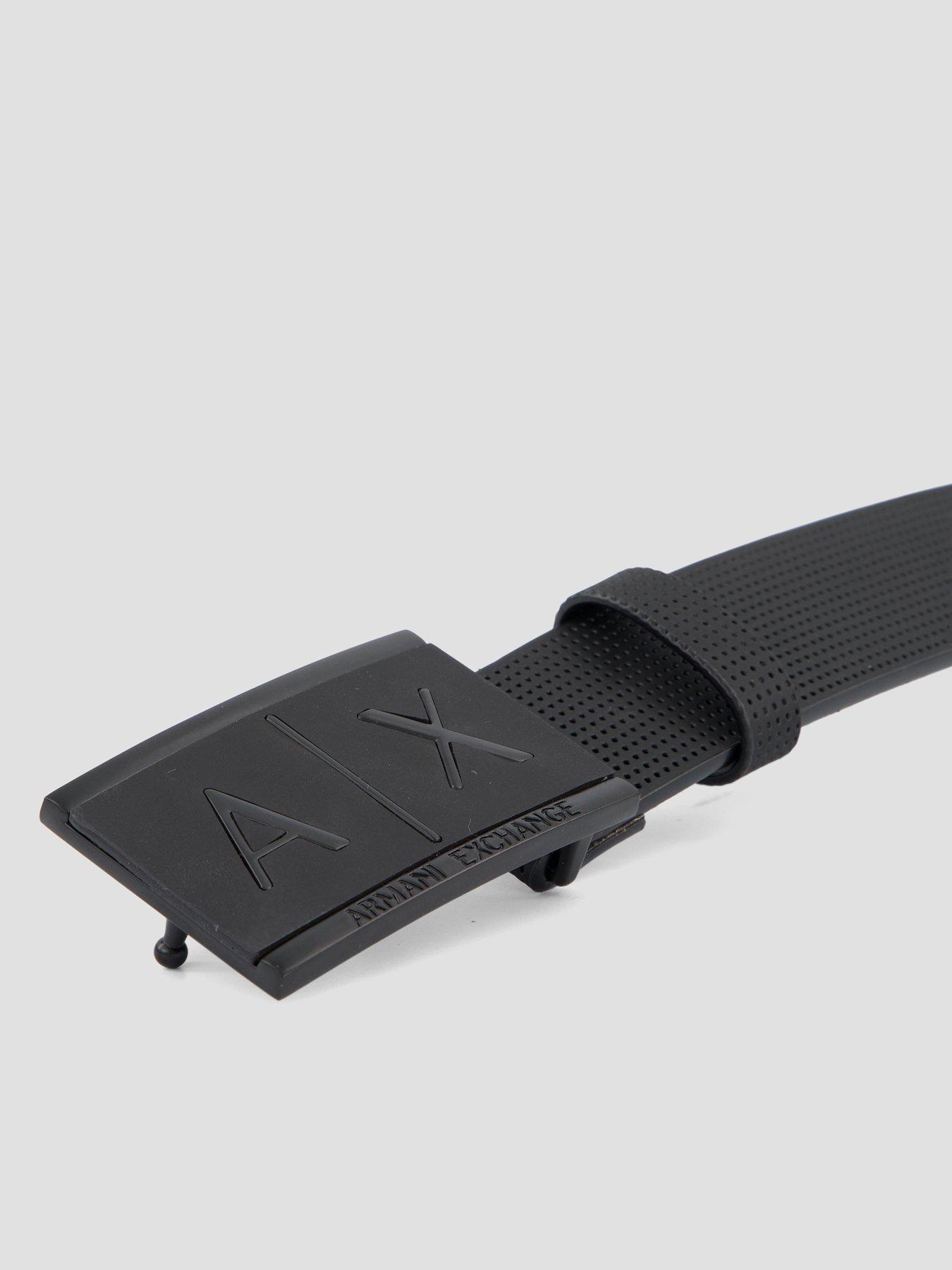 Image 5 of 5 of Armani Exchange Textured Leather Embossed Logo Buckle Belt - Black