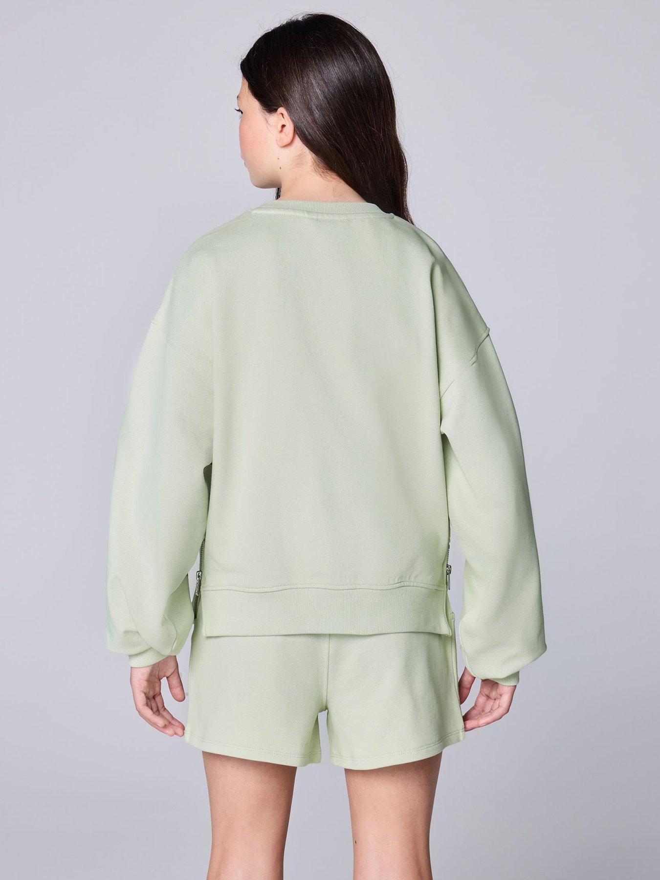 Image 3 of 7 of smALLSAINTS Girls Zip Detail Sweat And Shorts Set - Green