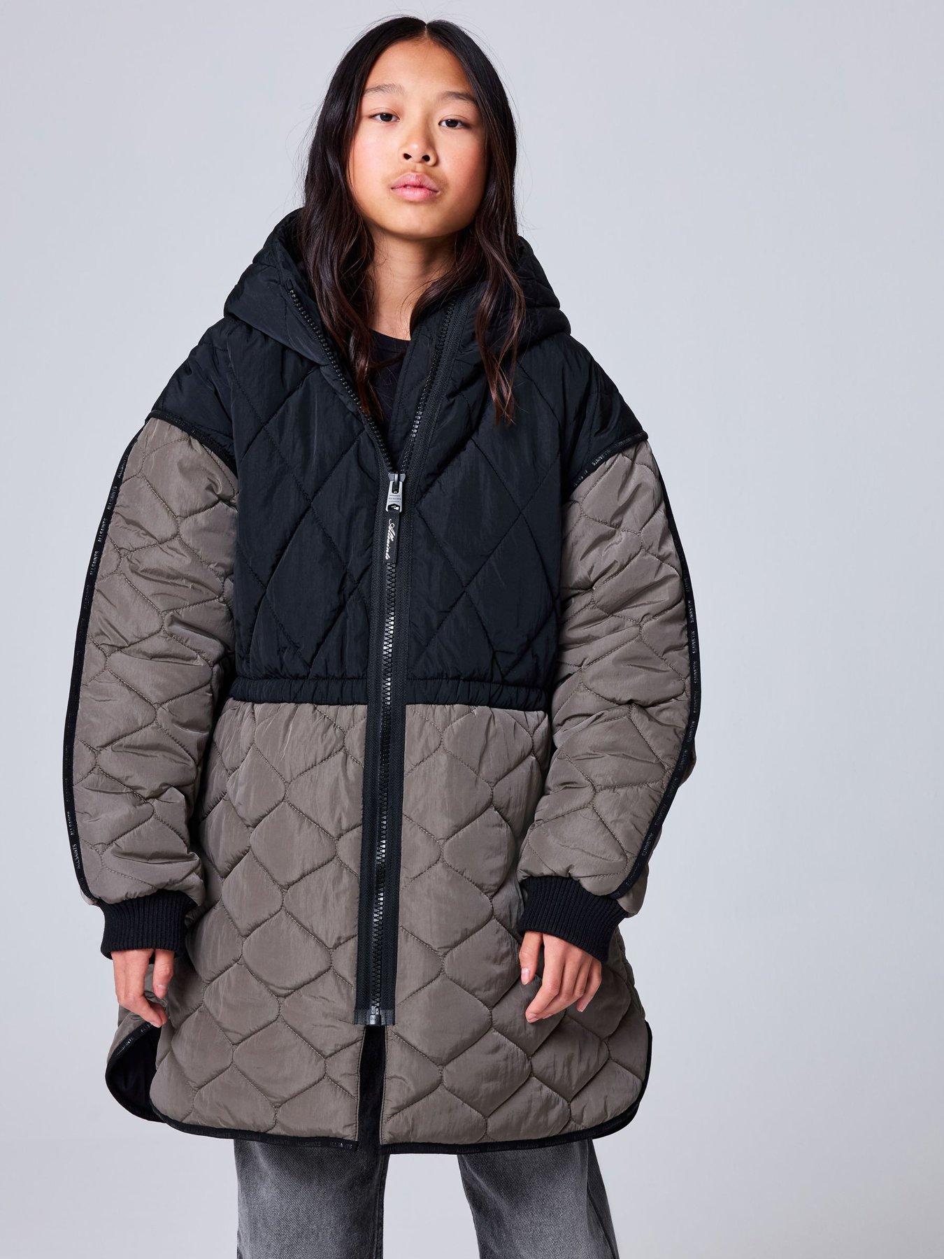 Image 1 of 7 of smALLSAINTS Girls' Colour Block Longline Quilted Jacket - Black/Green