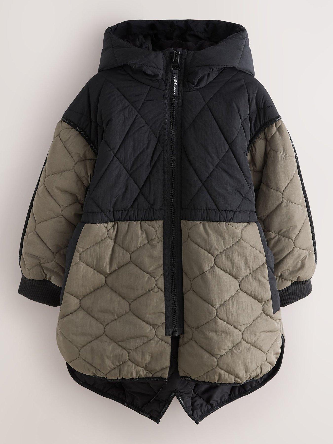 Image 2 of 7 of smALLSAINTS Girls' Colour Block Longline Quilted Jacket - Black/Green