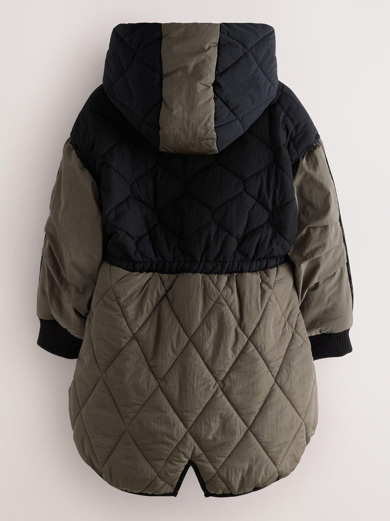 Image 3 of 7 of smALLSAINTS Girls' Colour Block Longline Quilted Jacket - Black/Green