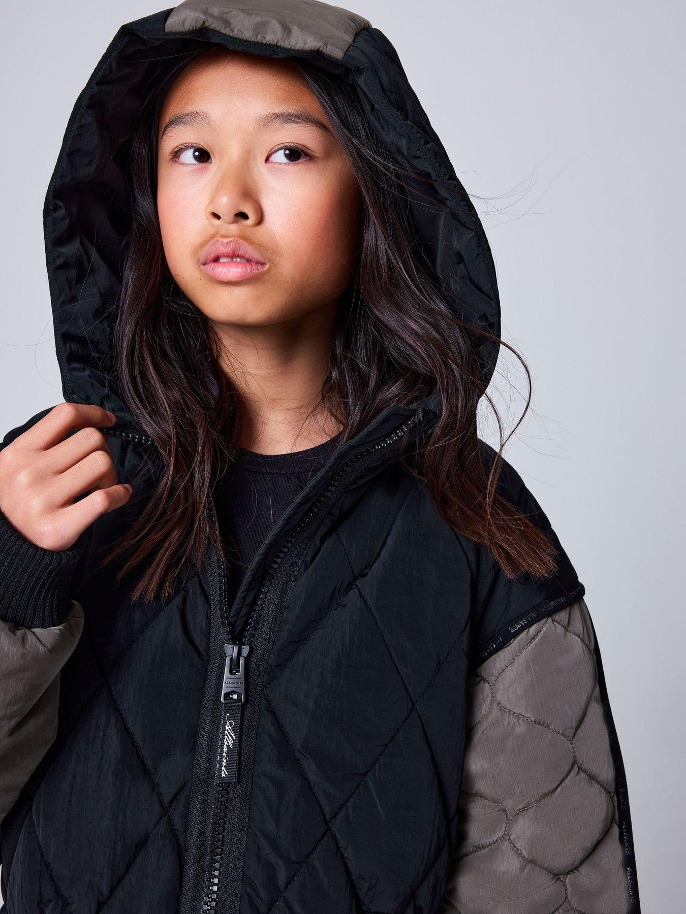 Image 6 of 7 of smALLSAINTS Girls' Colour Block Longline Quilted Jacket - Black/Green