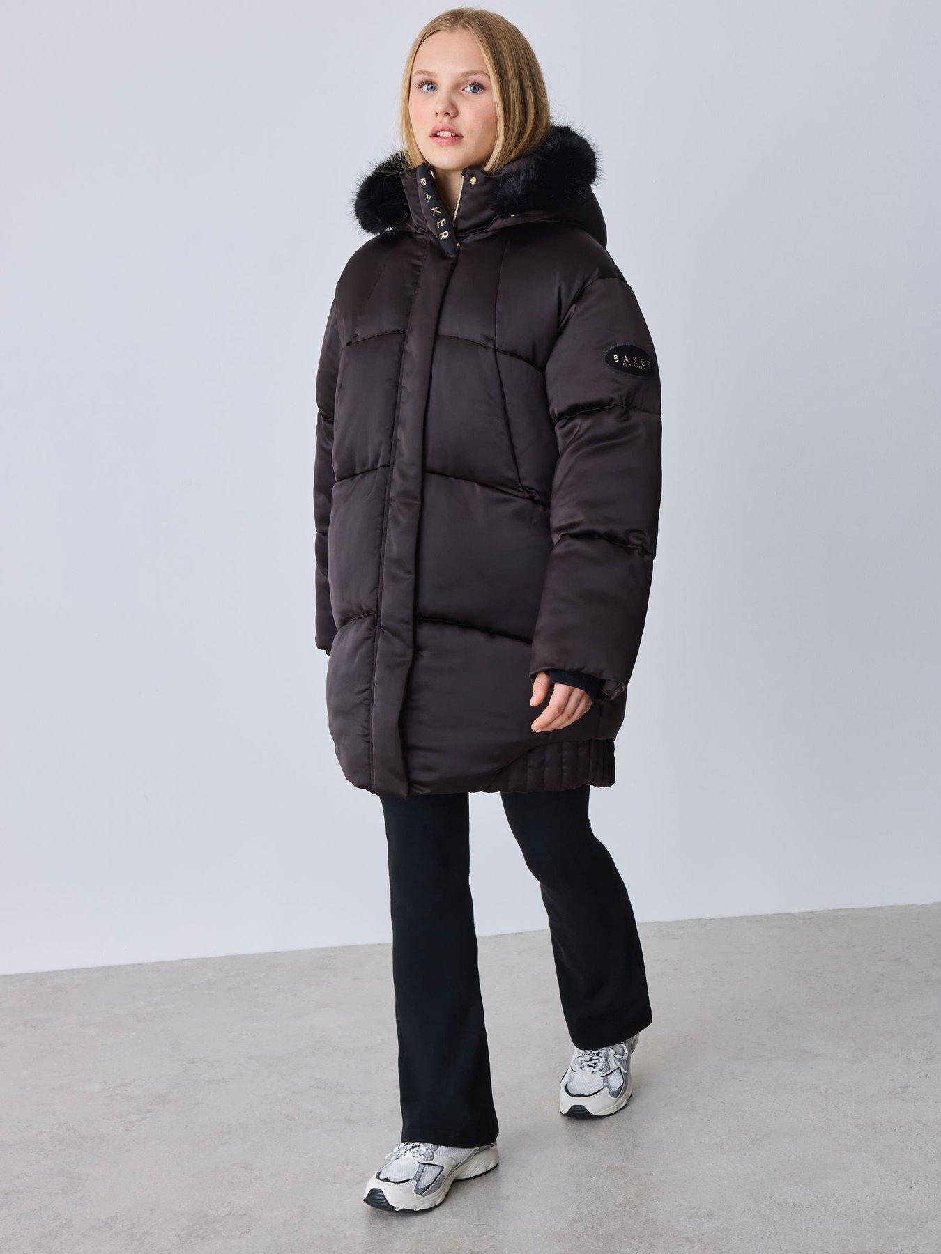 Ted Baker Girls Shower Resistant Satin Padded Longline Coat - Chocolate Brown